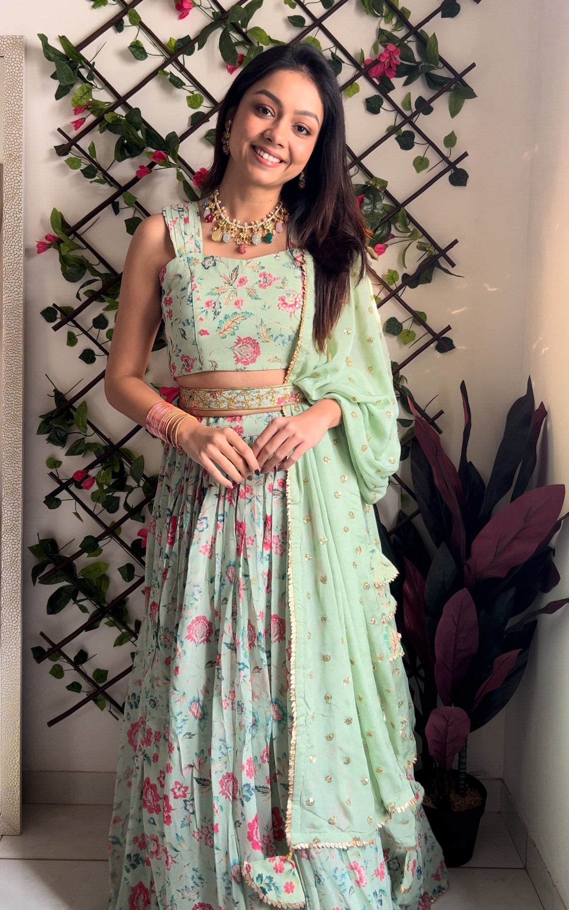 Pranali Sage Green Handwork Floral Printed Georgette Lehenga