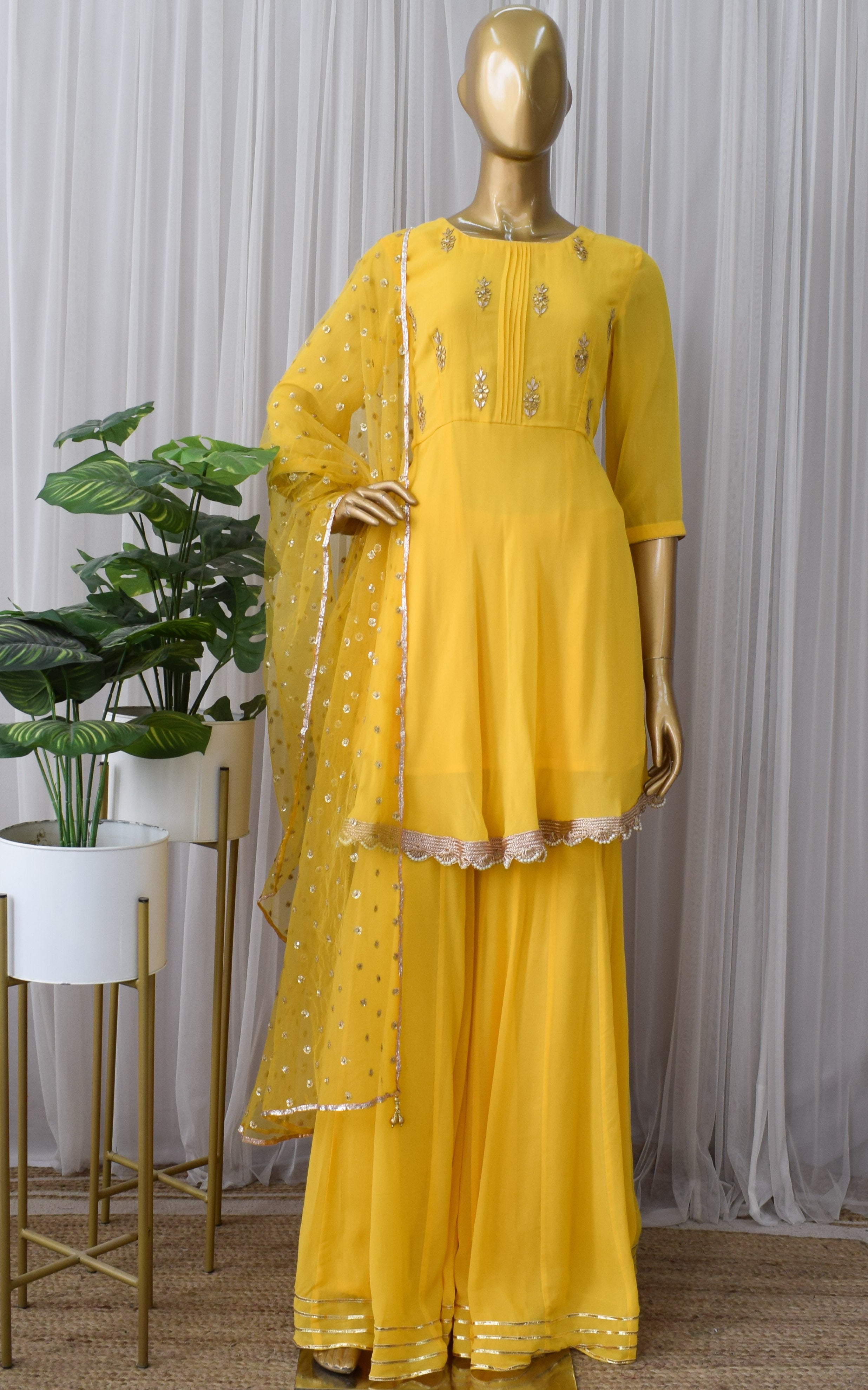 Yellow Frock Style Gota Patti Sharara Set