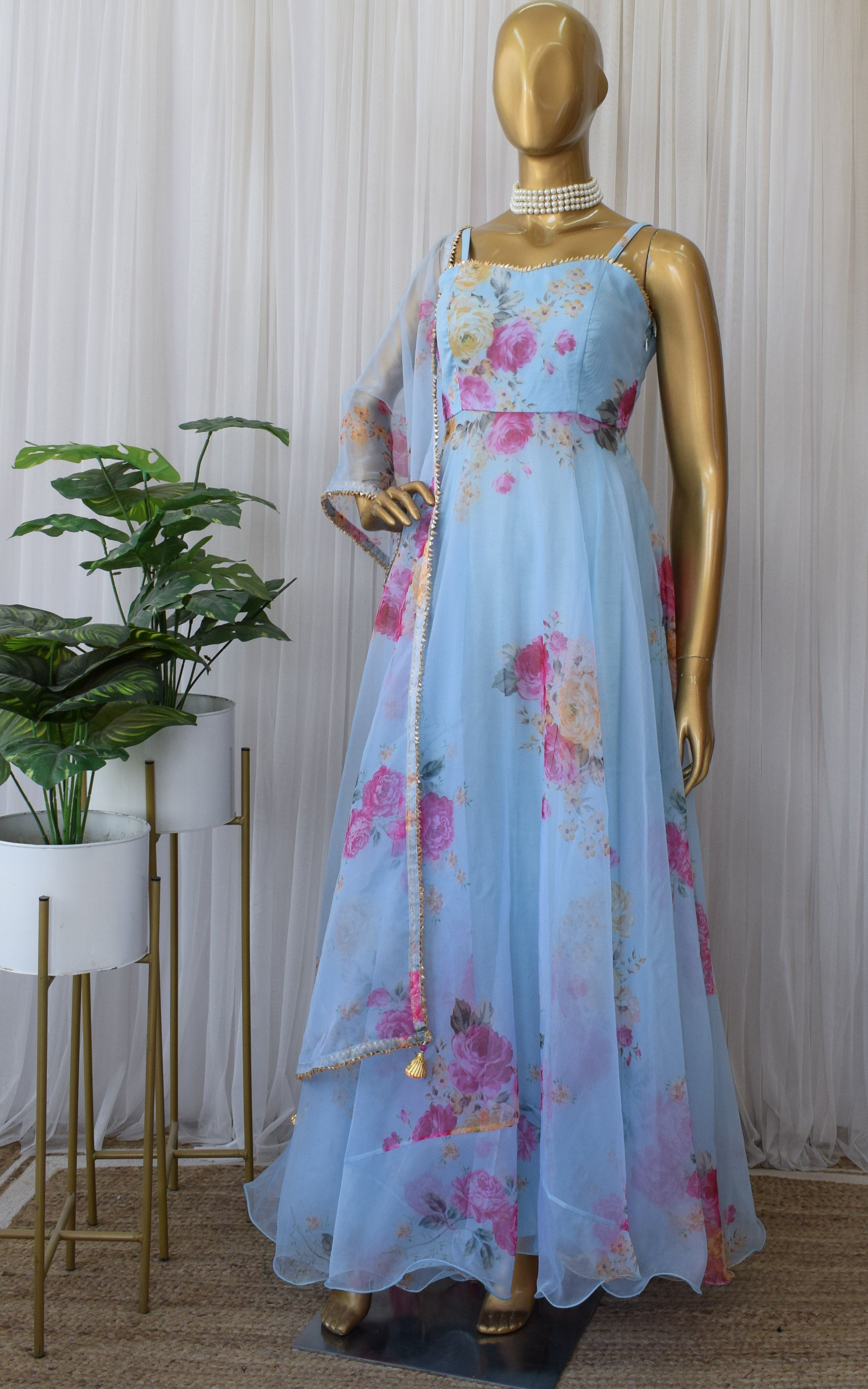 Sky Blue Floral Organza Anarkali