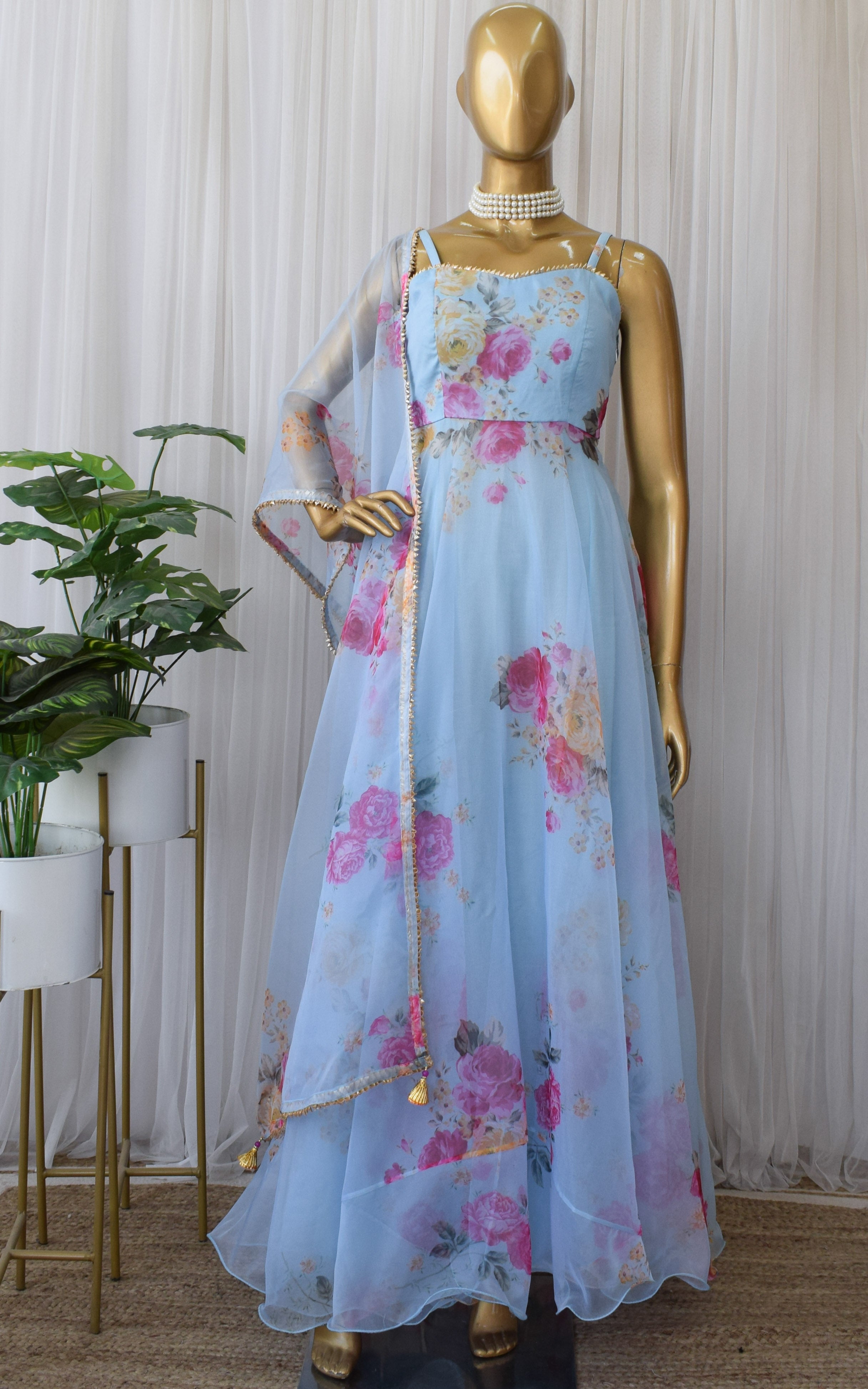 Sky Blue Floral Organza Anarkali