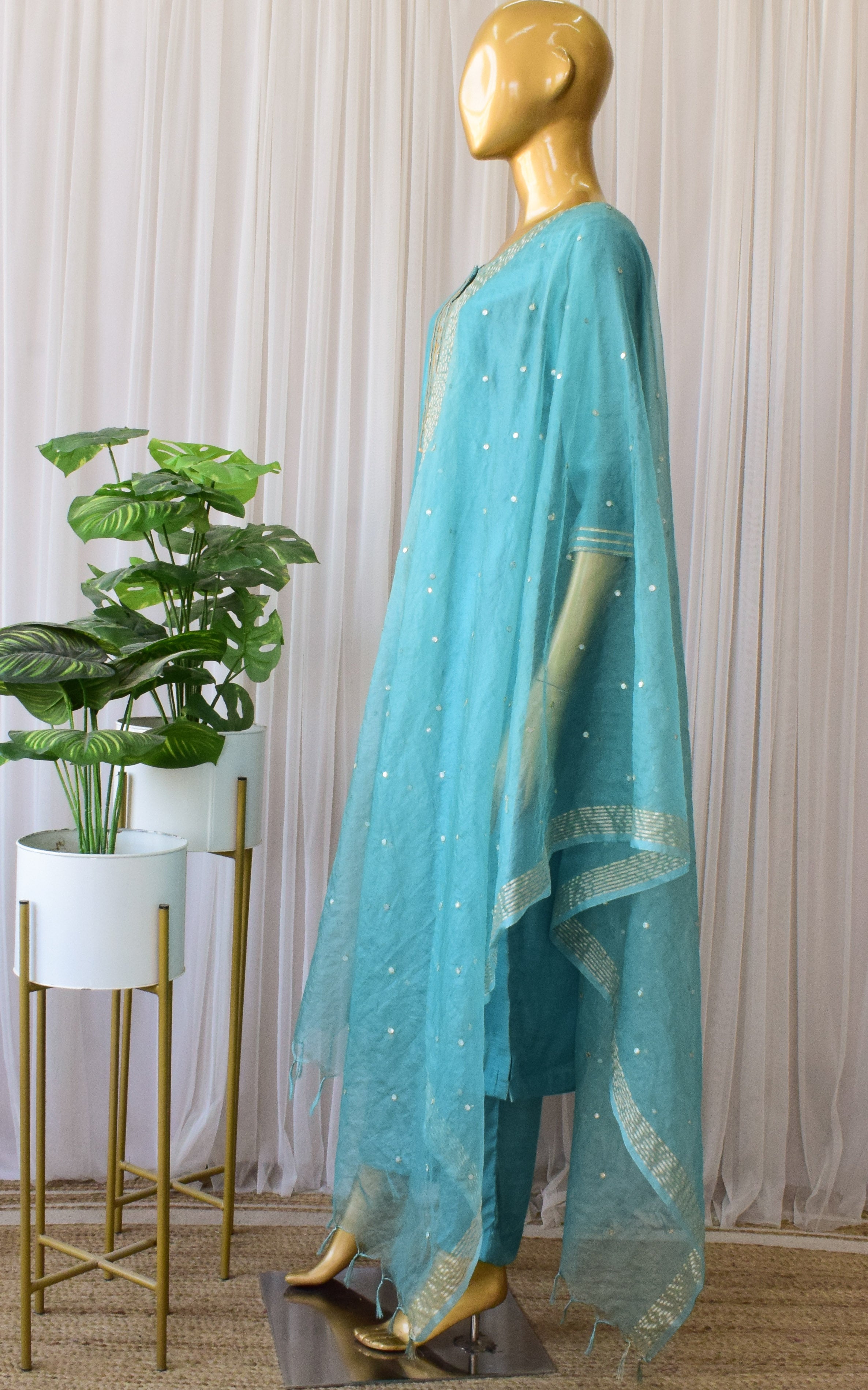 Deepa Jade Blue Kurta Set with Mirror-work Organza Dupatta
