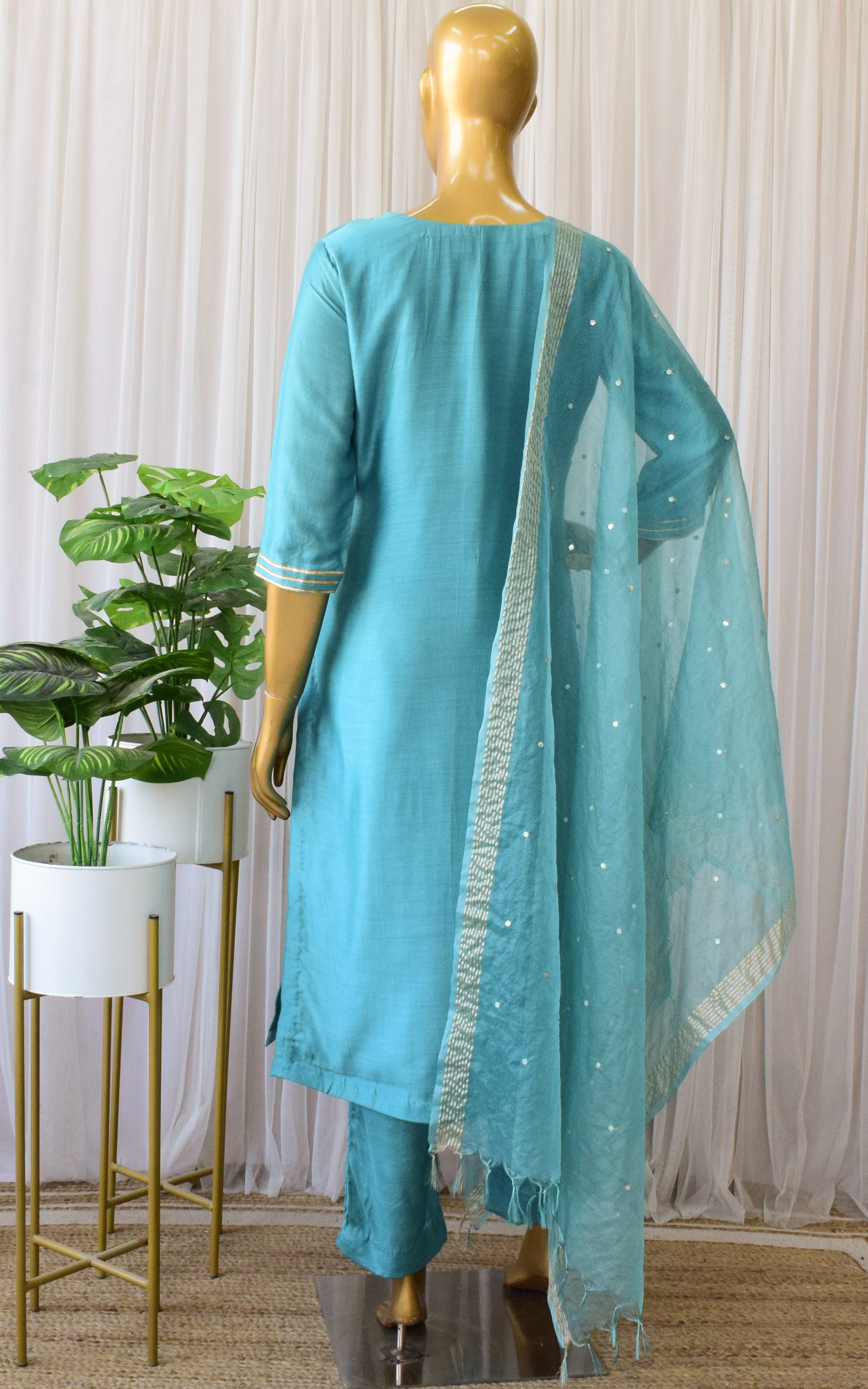 Deepa Jade Blue Kurta Set with Mirror-work Organza Dupatta