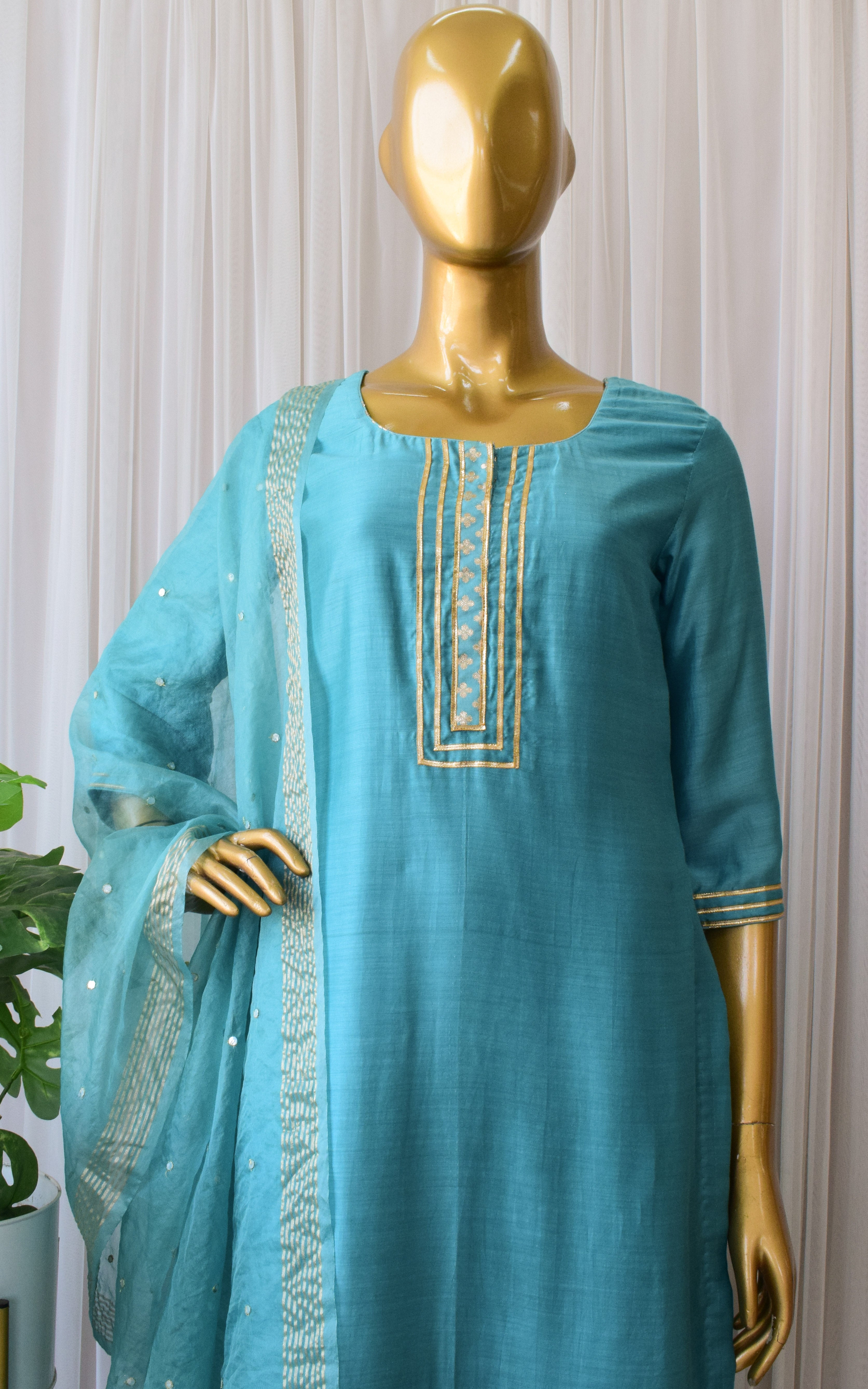 Deepa Jade Blue Kurta Set with Mirror-work Organza Dupatta