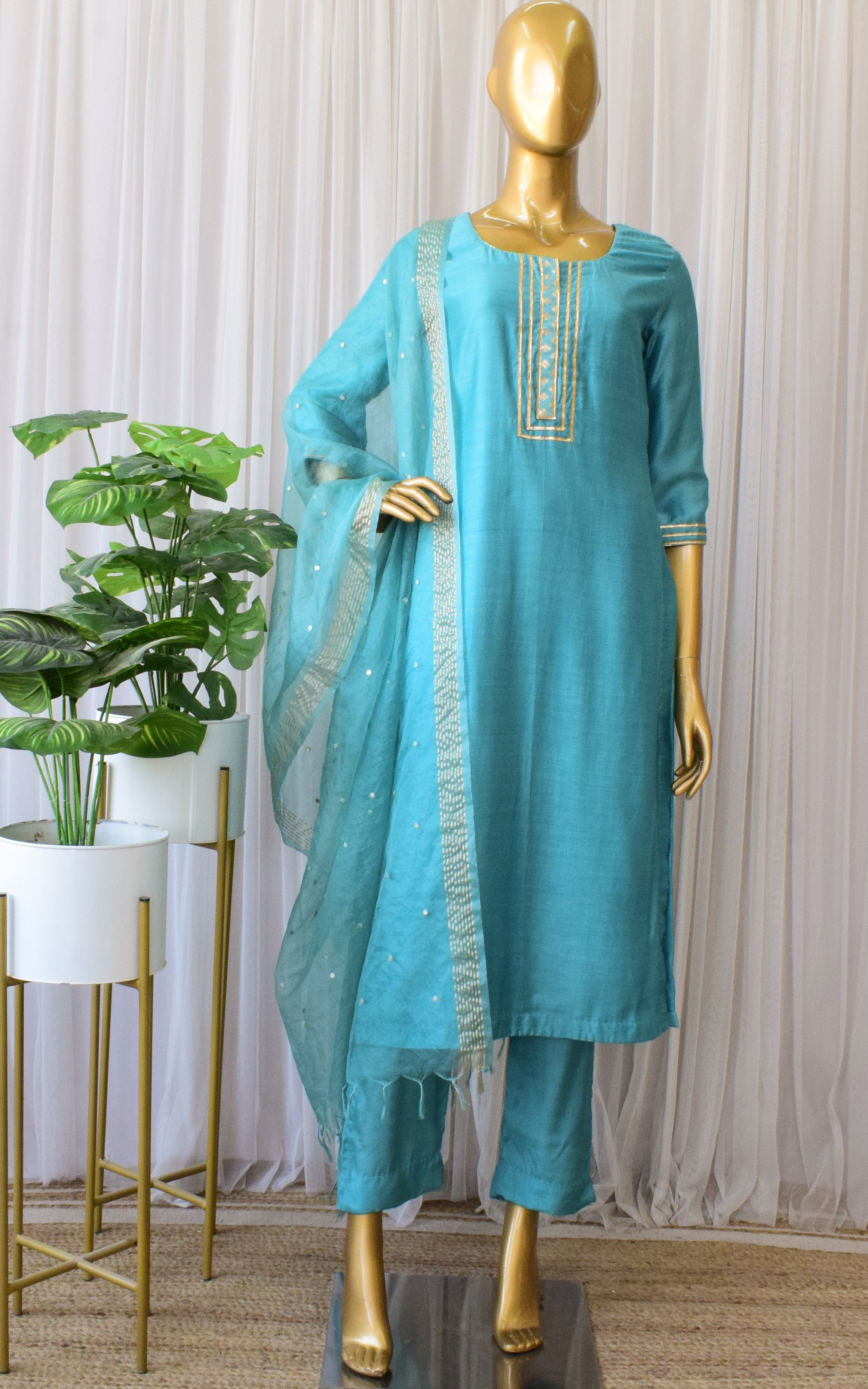 Deepa Jade Blue Kurta Set with Mirror-work Organza Dupatta