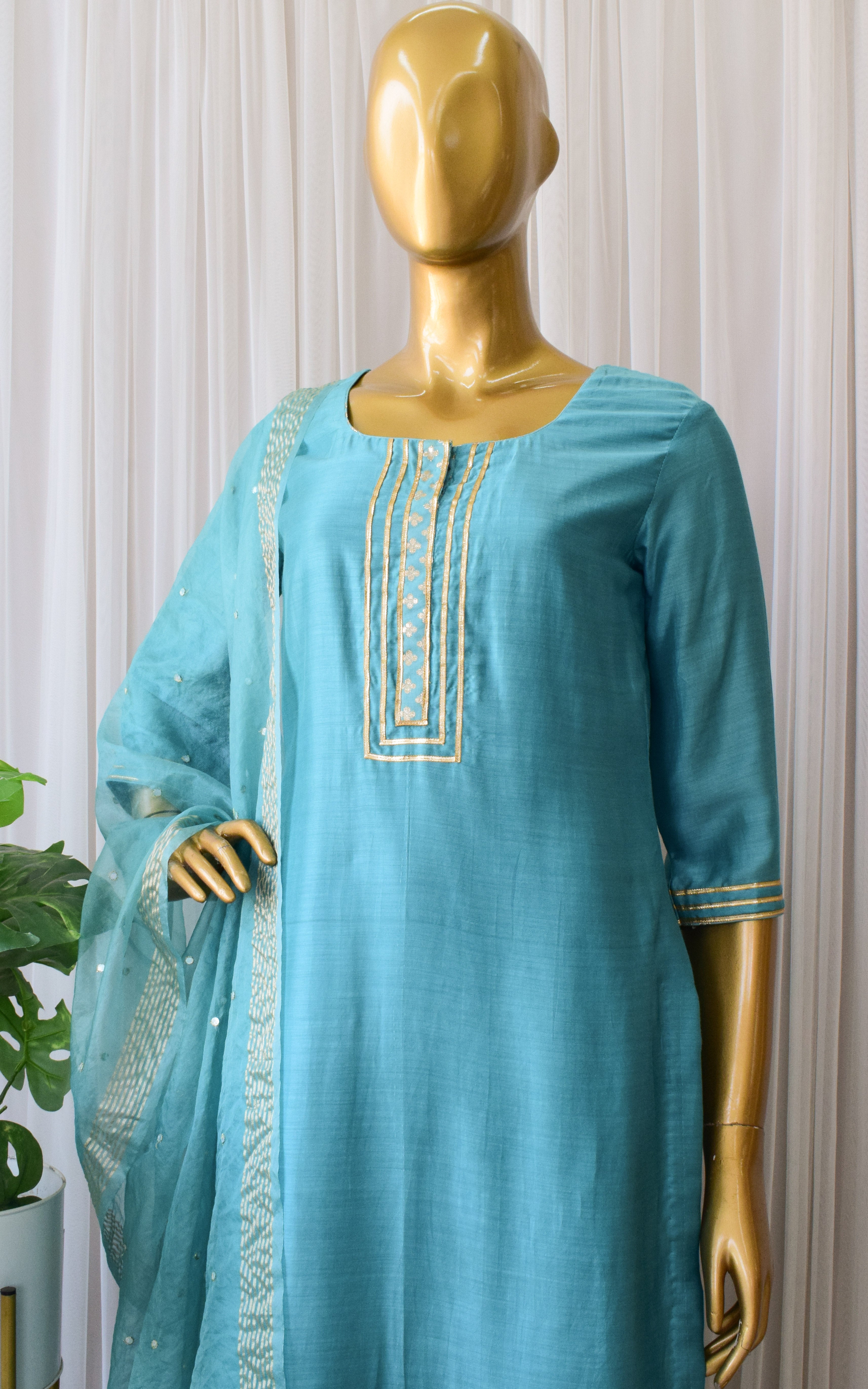 Deepa Jade Blue Kurta Set with Mirror-work Organza Dupatta