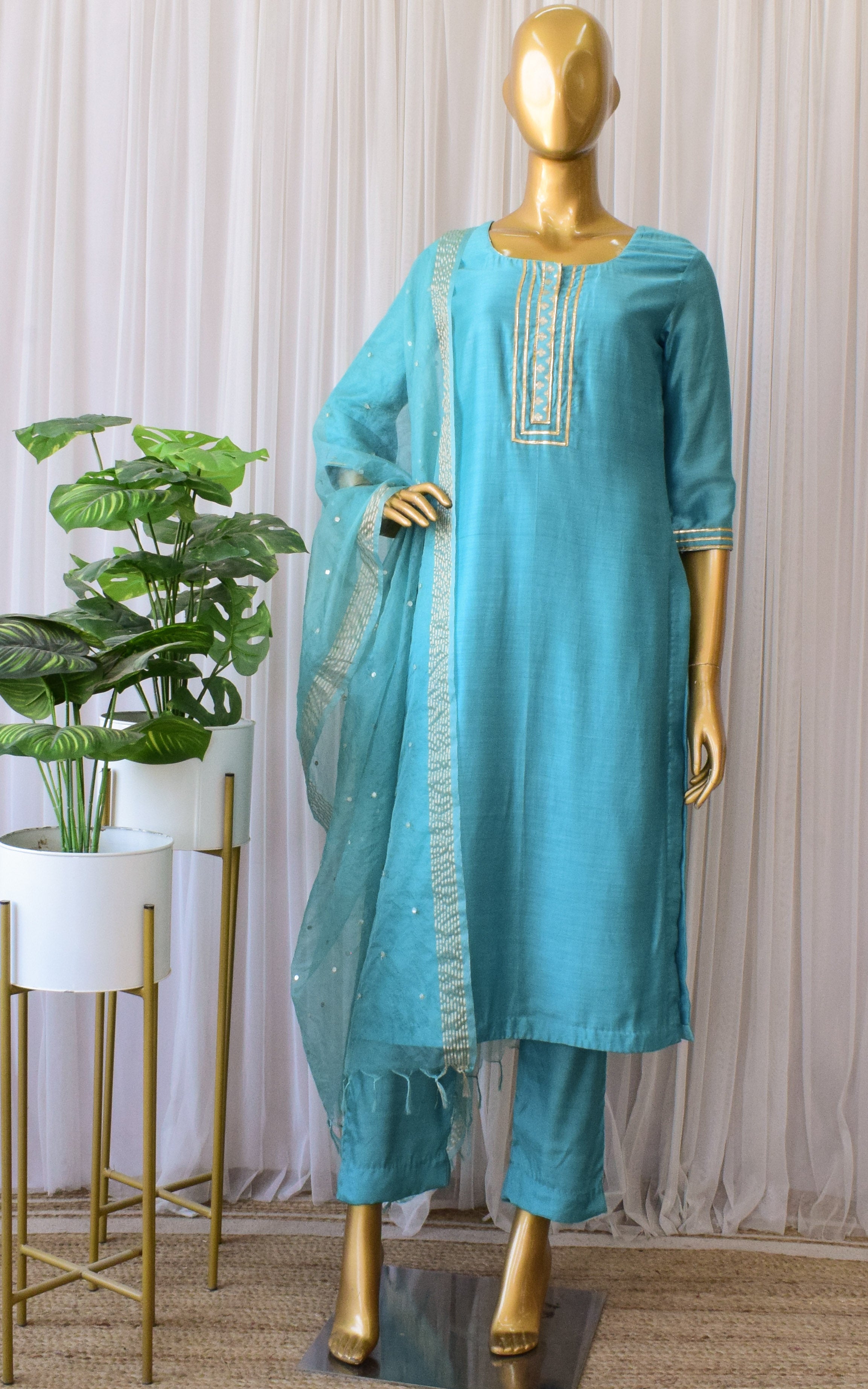Deepa Jade Blue Kurta Set with Mirror-work Organza Dupatta