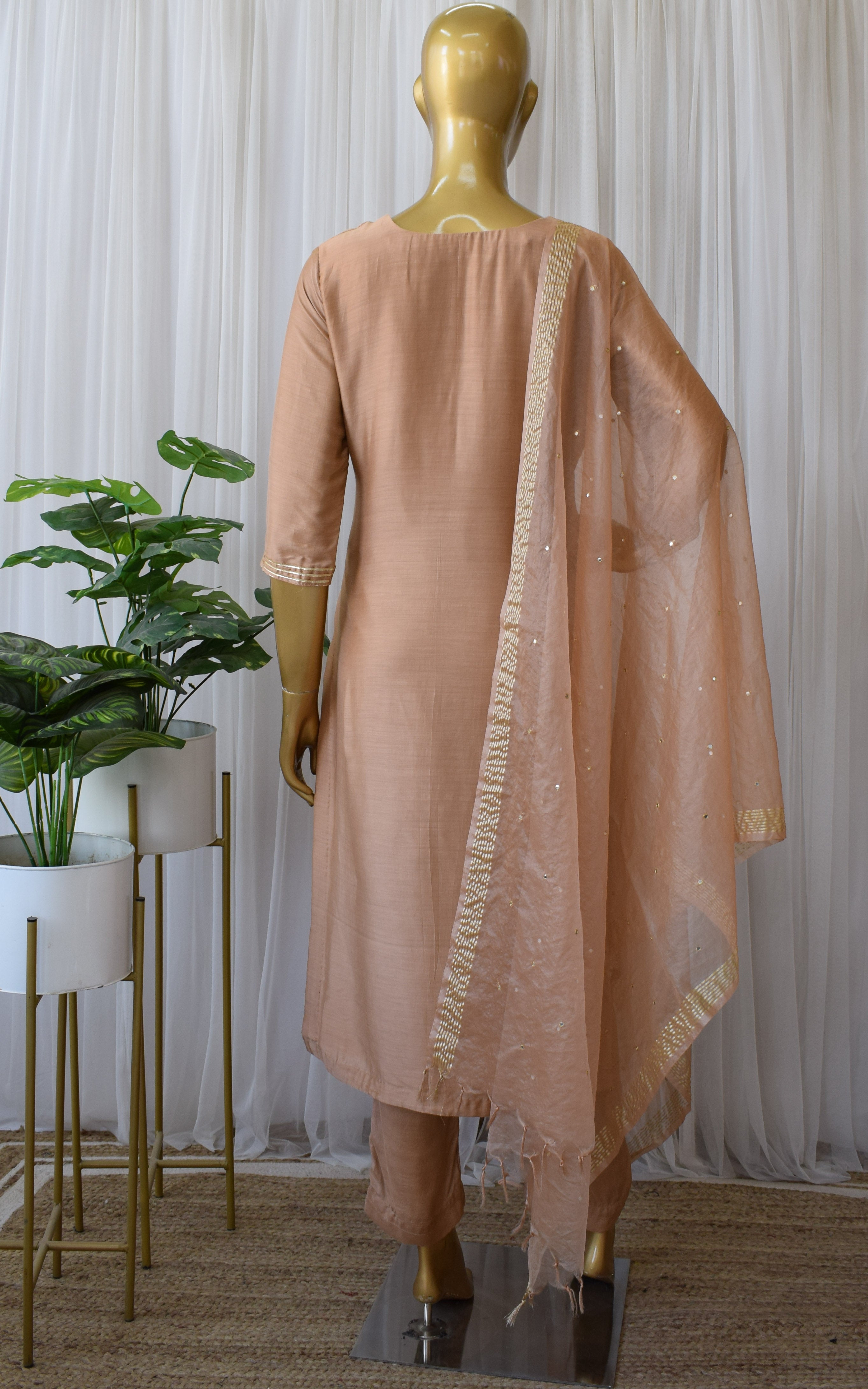 Sandy Brown Kurta Set with Mirror-work Organza Dupatta