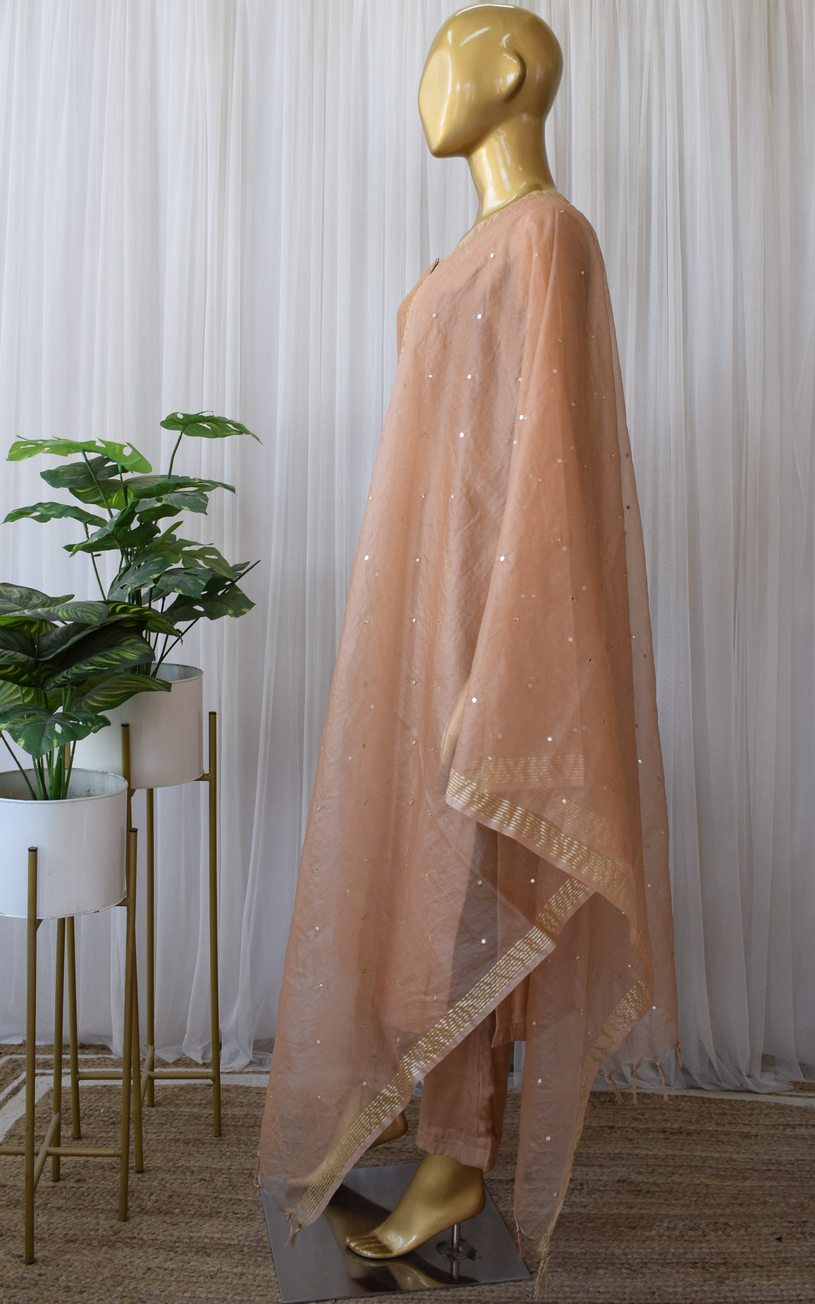 Sandy Brown Kurta Set with Mirror-work Organza Dupatta