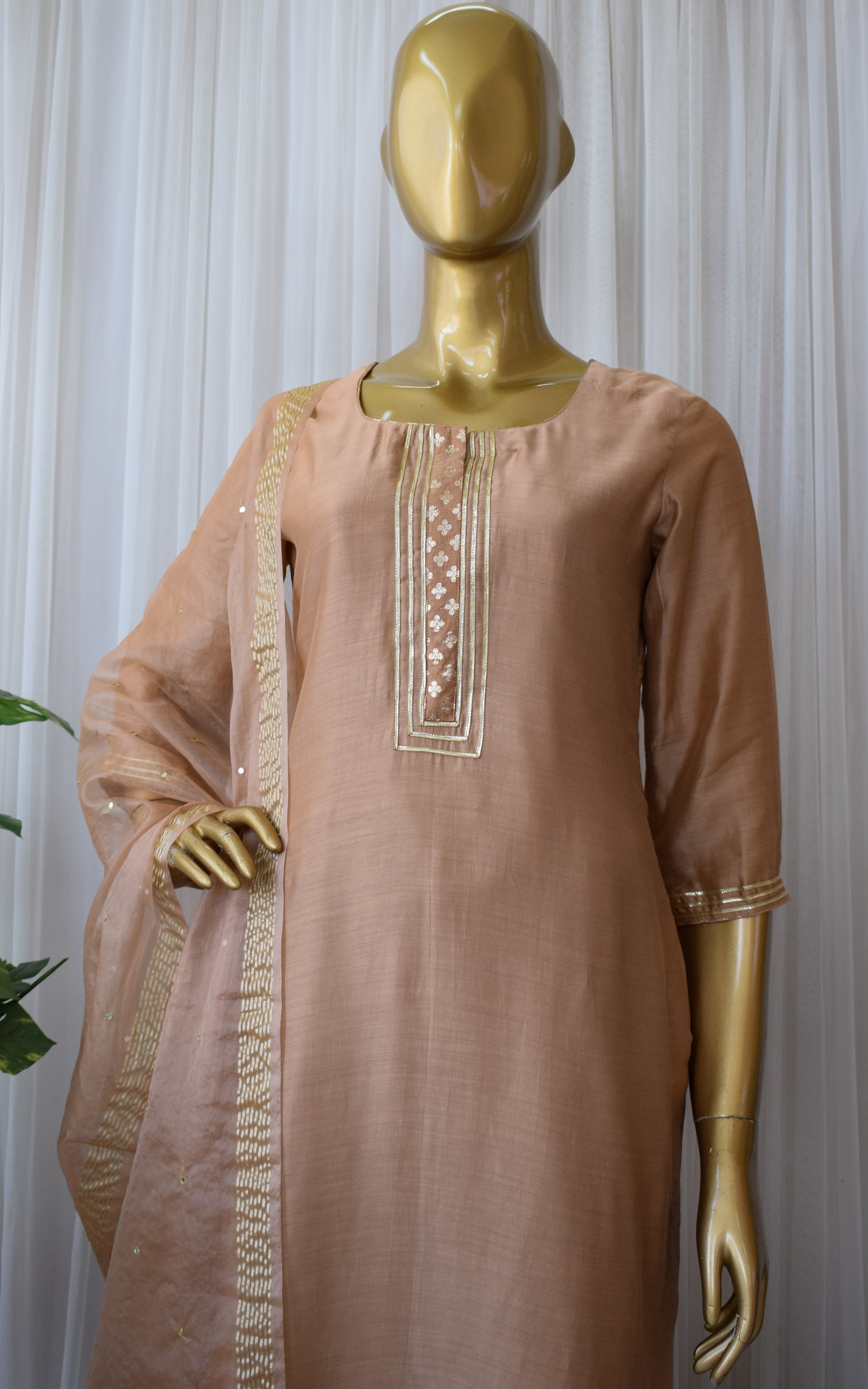Sandy Brown Kurta Set with Mirror-work Organza Dupatta