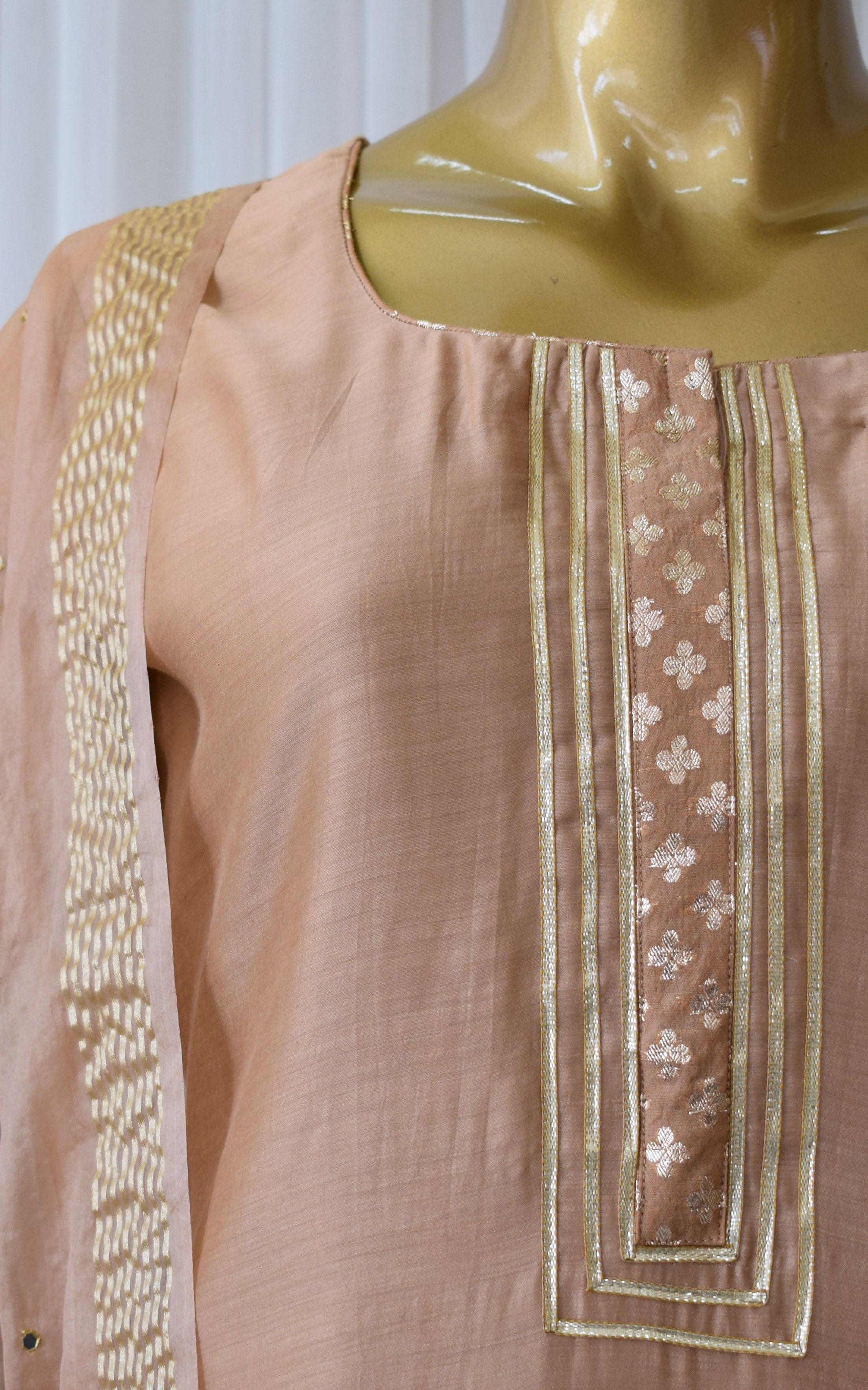 Sandy Brown Kurta Set with Mirror-work Organza Dupatta