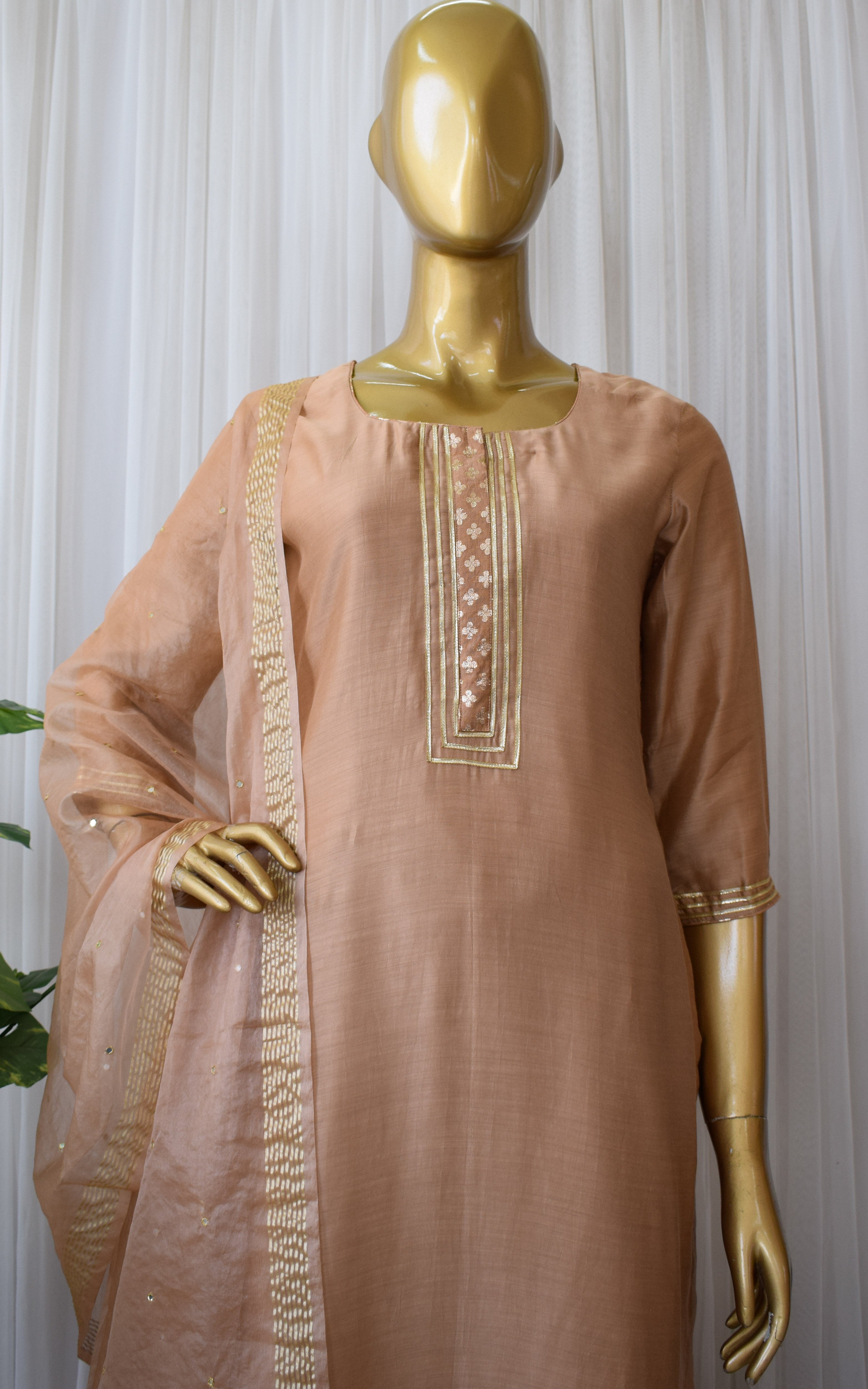 Sandy Brown Kurta Set with Mirror-work Organza Dupatta