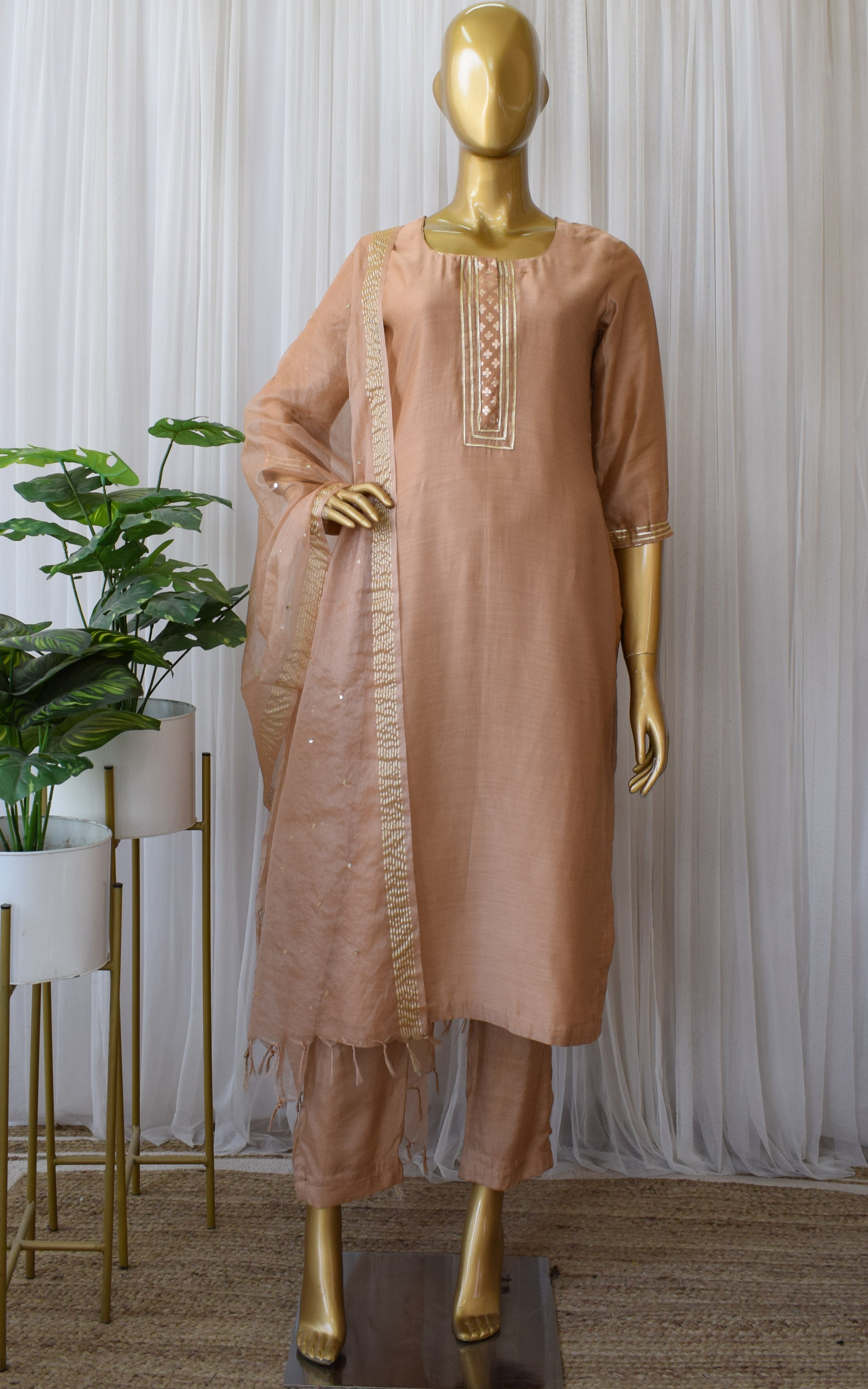 Sandy Brown Kurta Set with Mirror-work Organza Dupatta