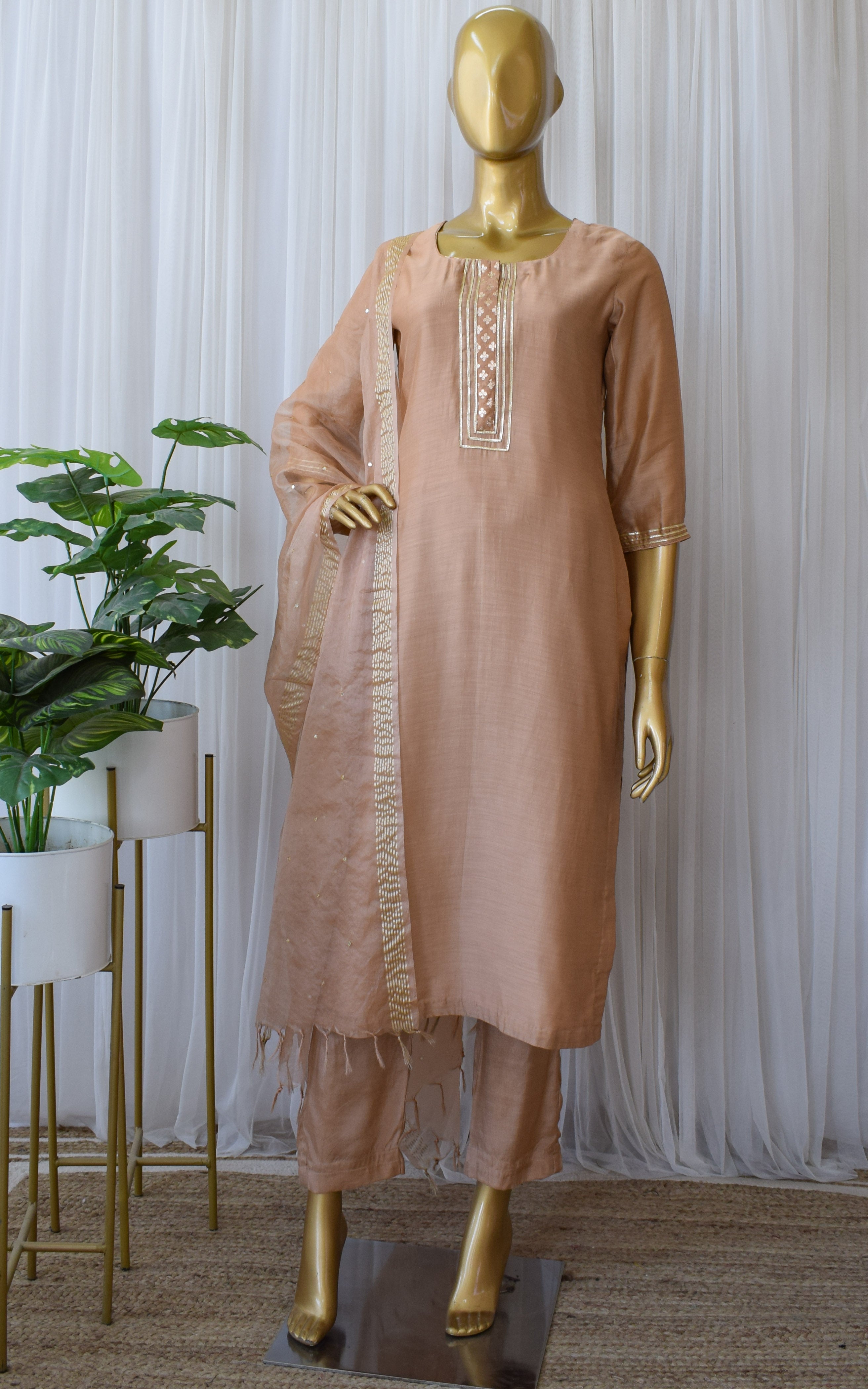 Sandy Brown Kurta Set with Mirror-work Organza Dupatta