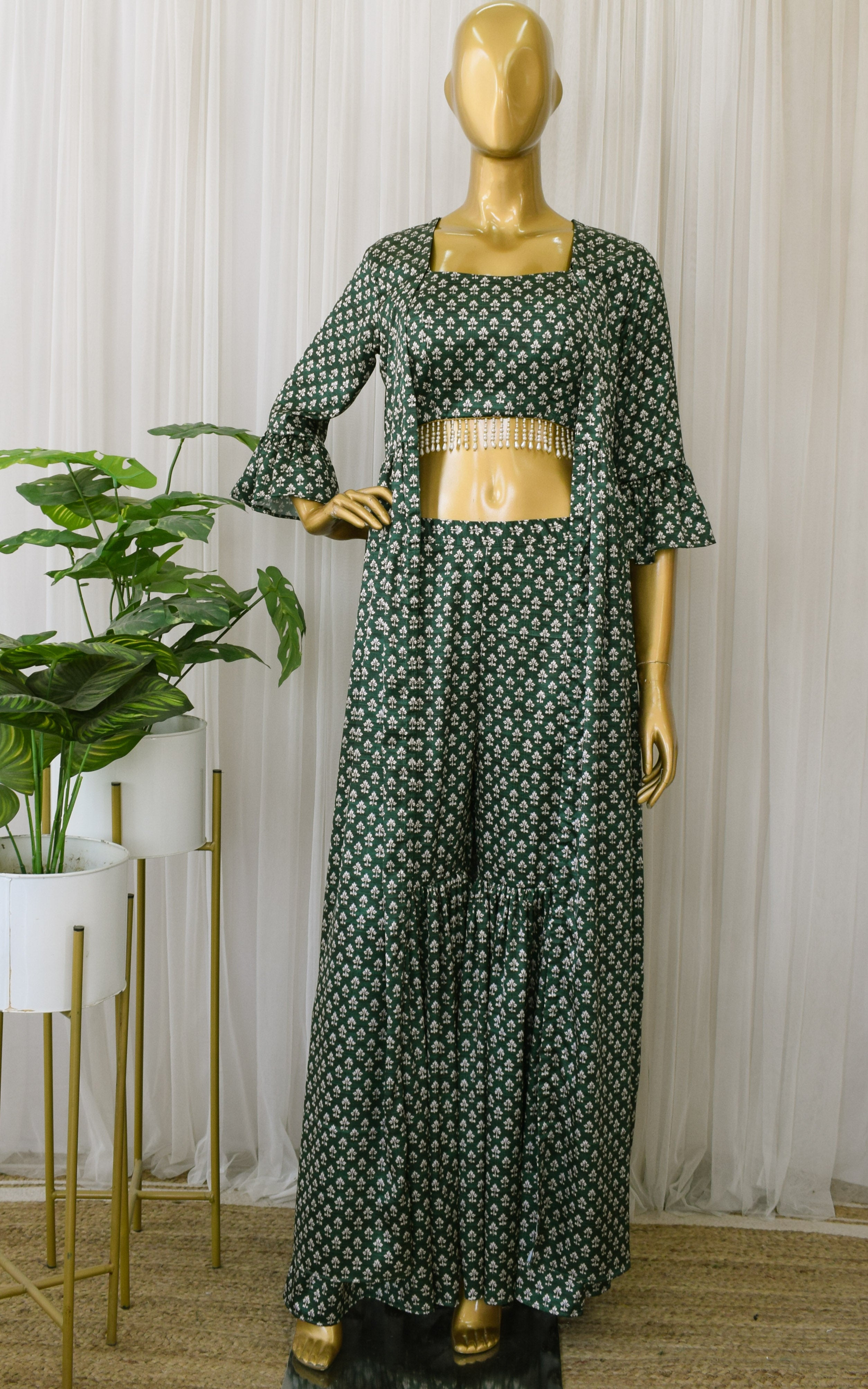 Forest Green Booti Print Crop Top & Sharara Set
