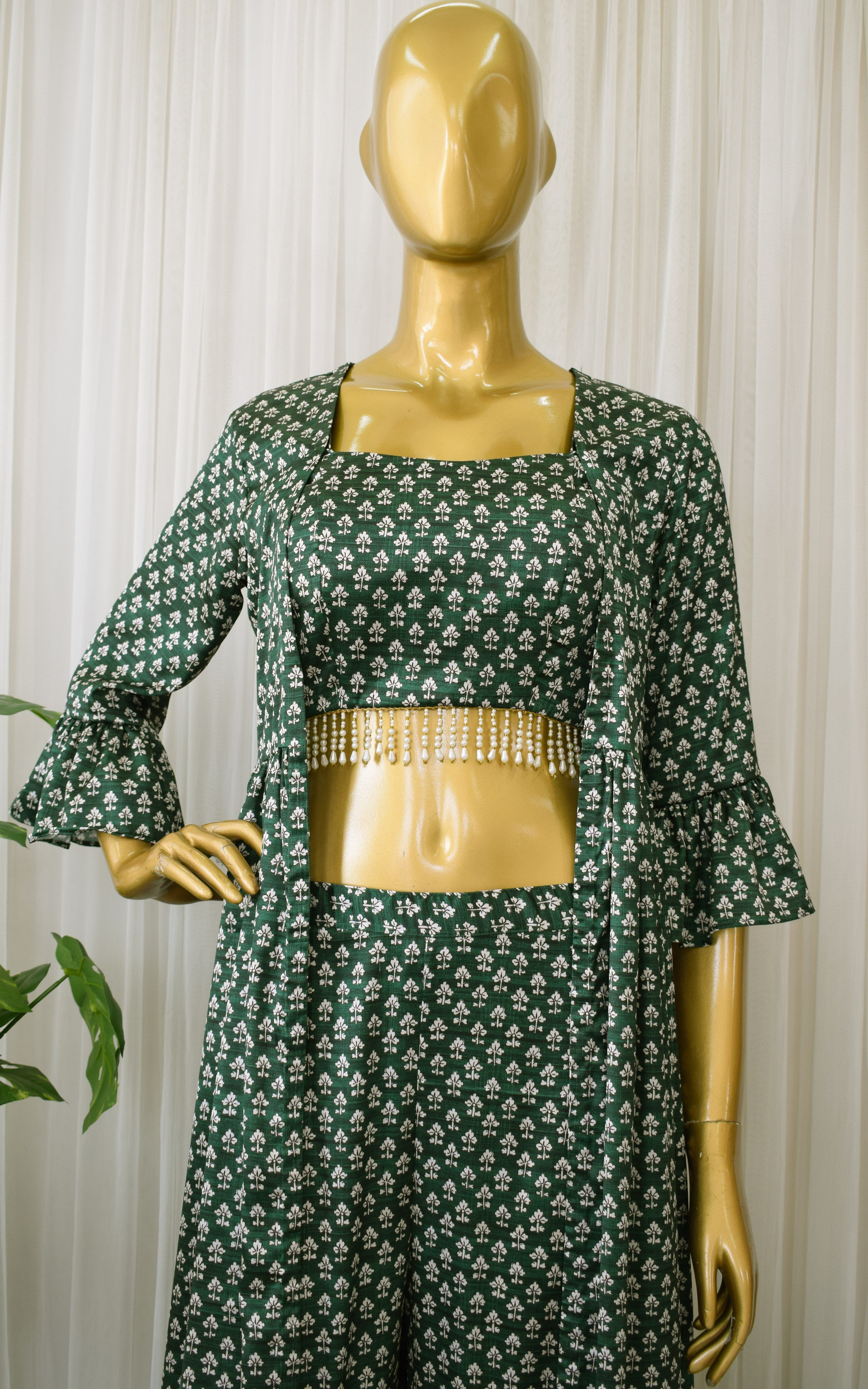 Forest Green Booti Print Crop Top & Sharara Set