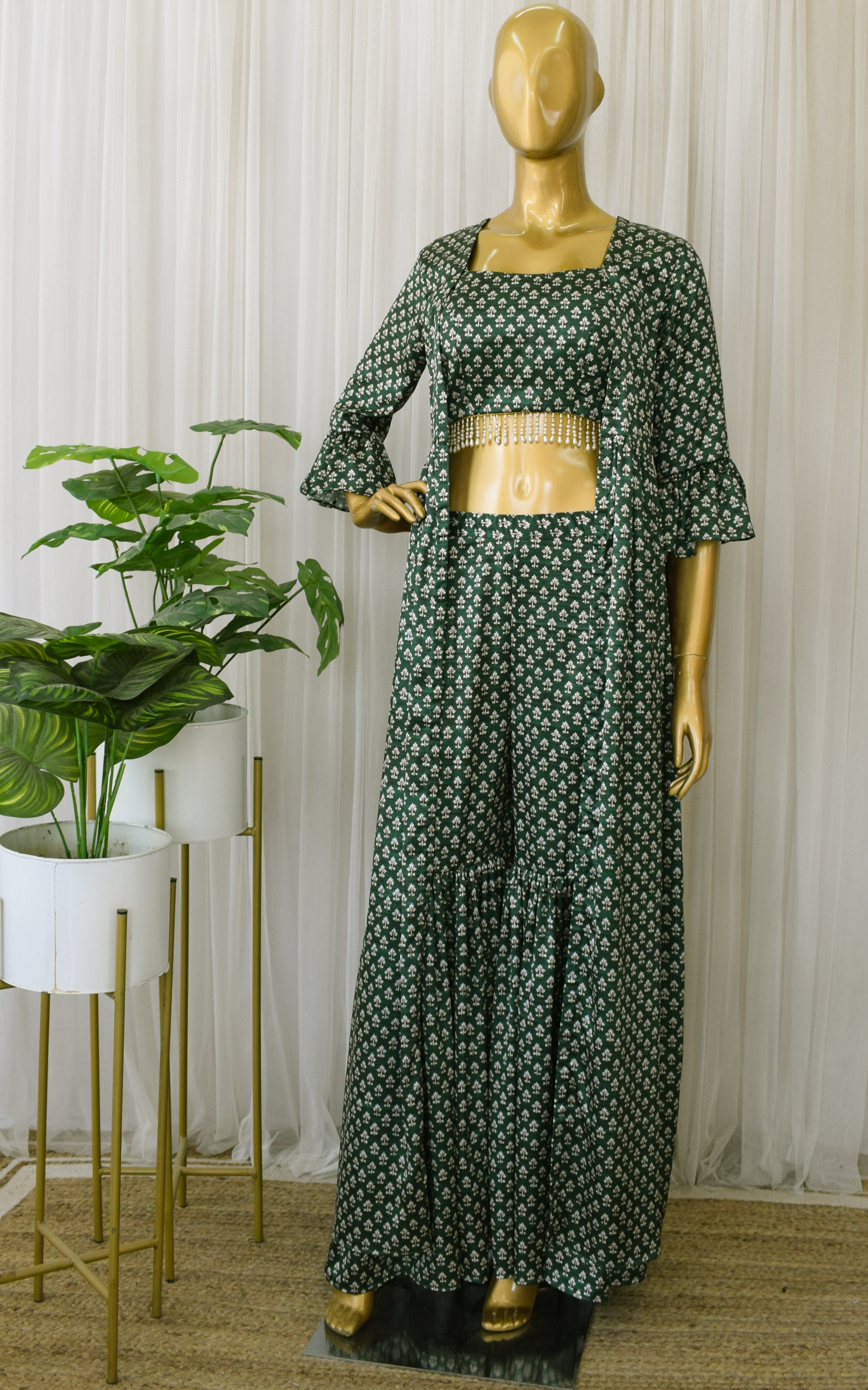 Forest Green Booti Print Crop Top & Sharara Set