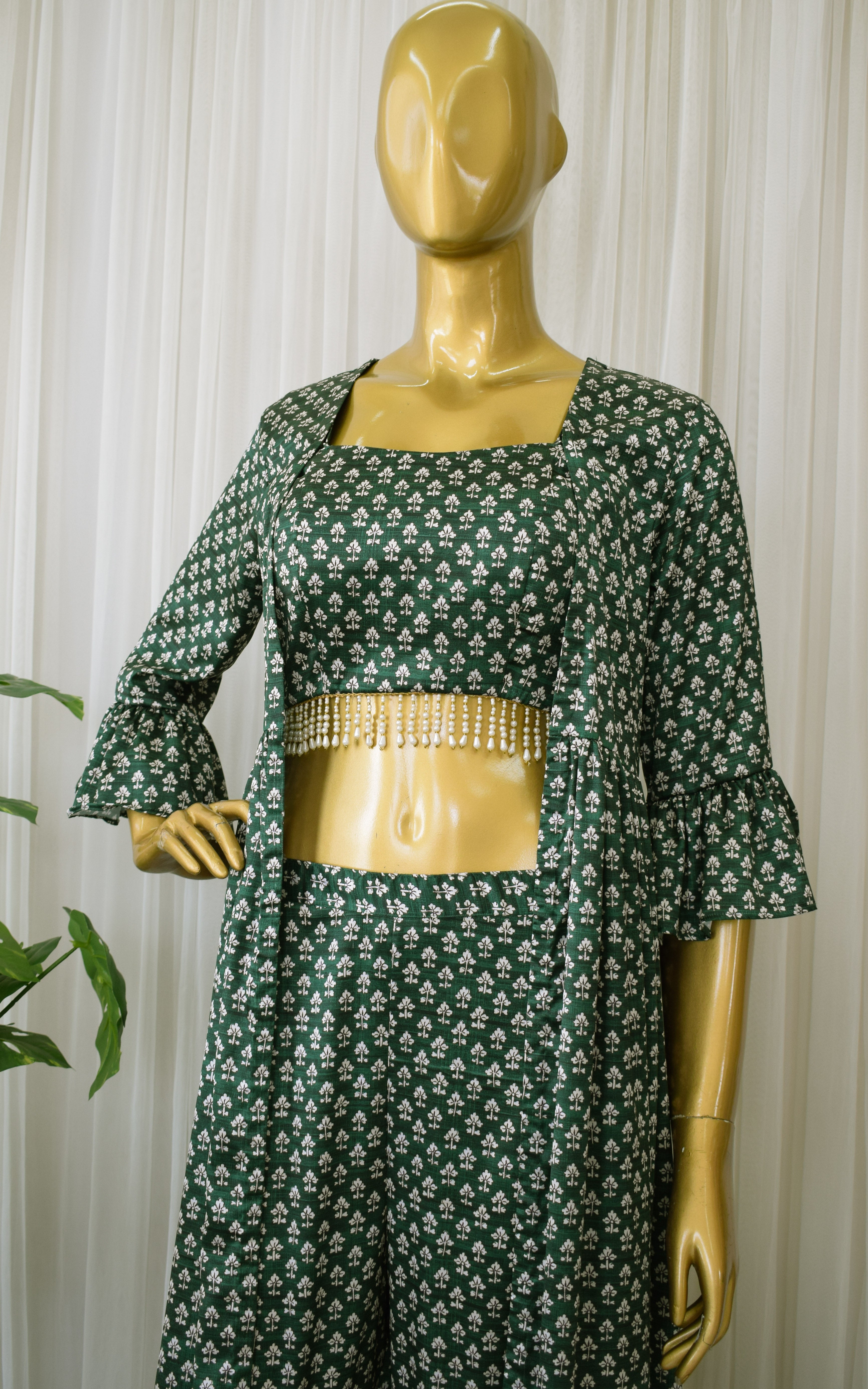 Forest Green Booti Print Crop Top & Sharara Set