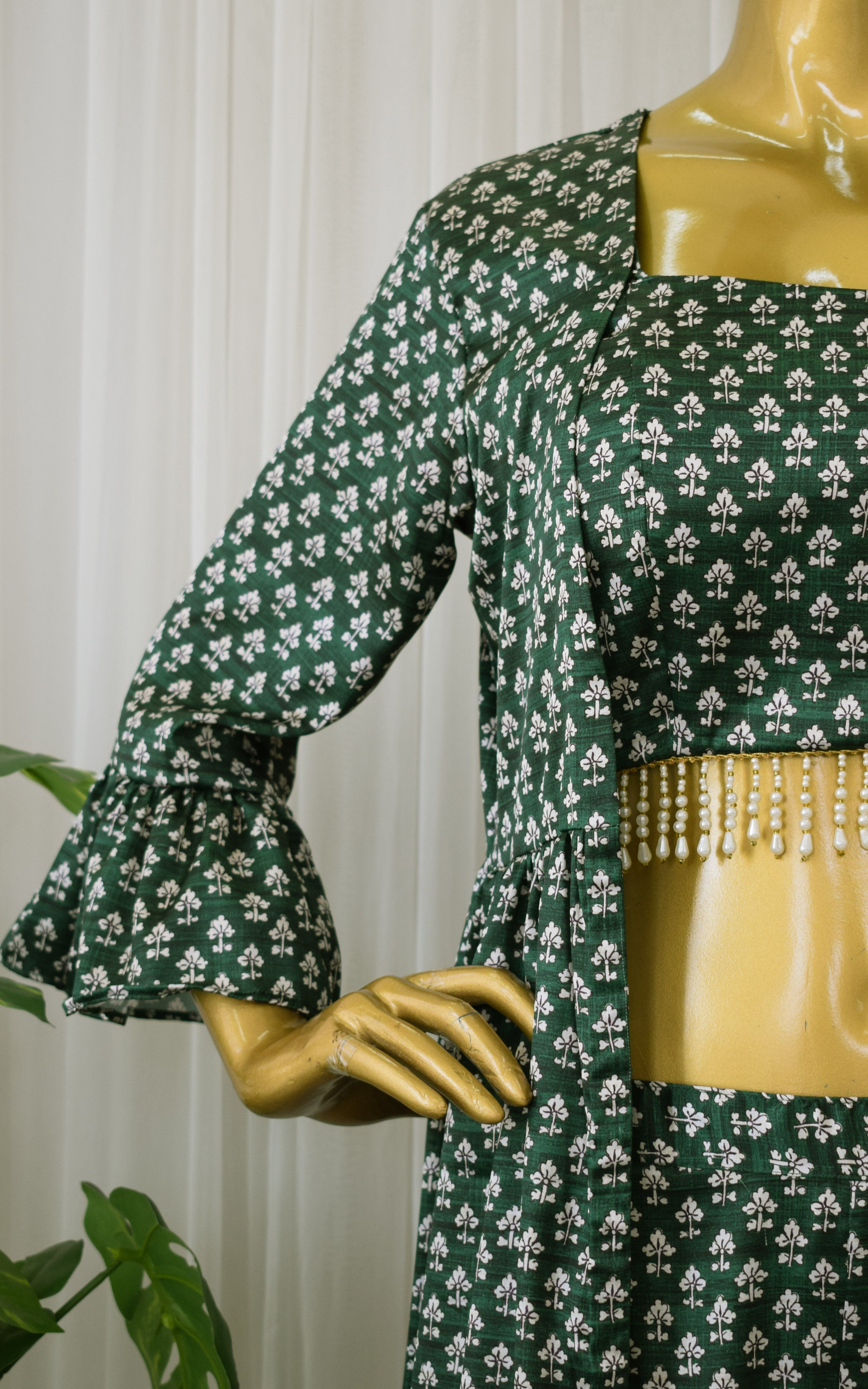 Forest Green Booti Print Crop Top & Sharara Set