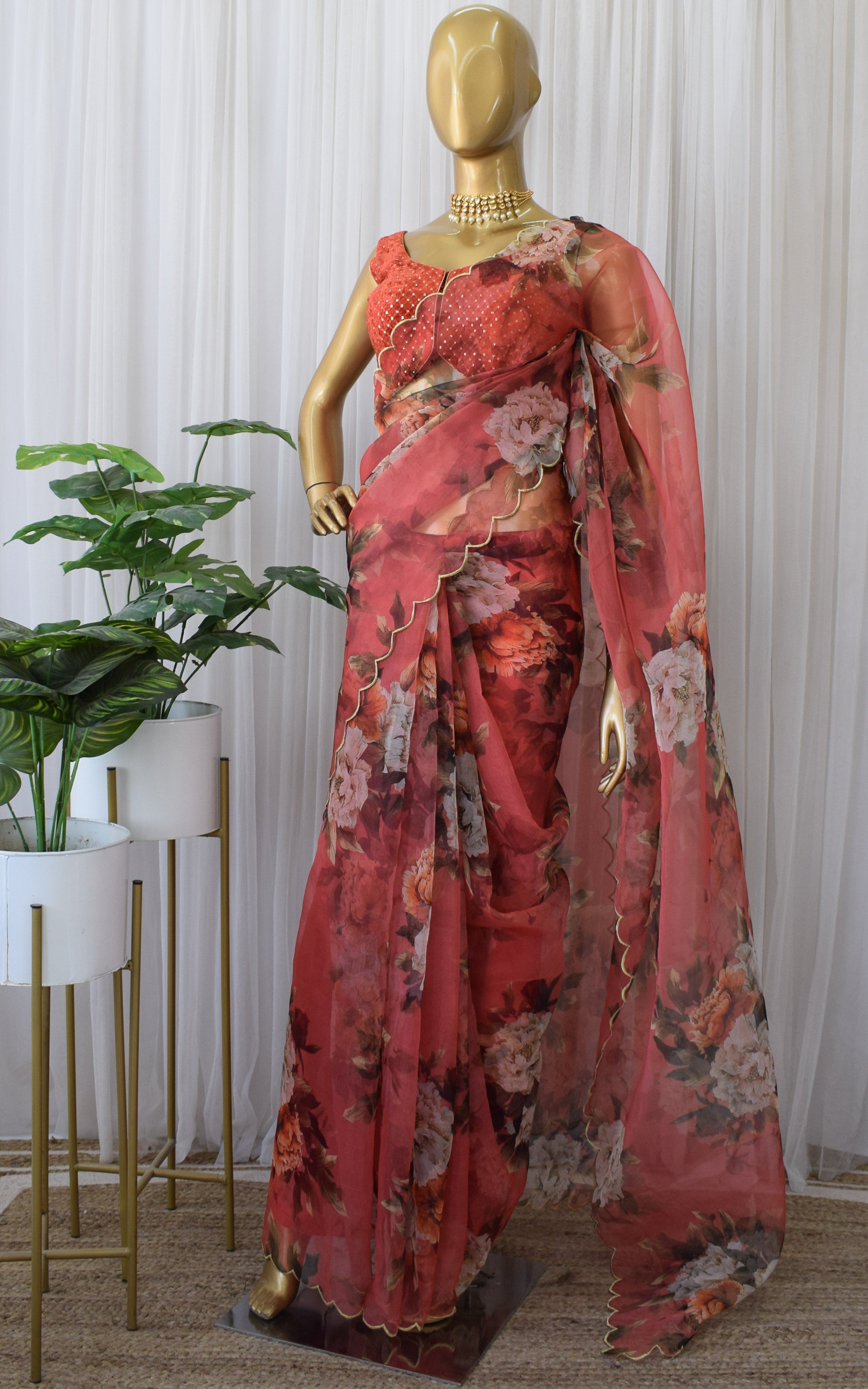 Coral Red Organza Saree With Velvet Blouse