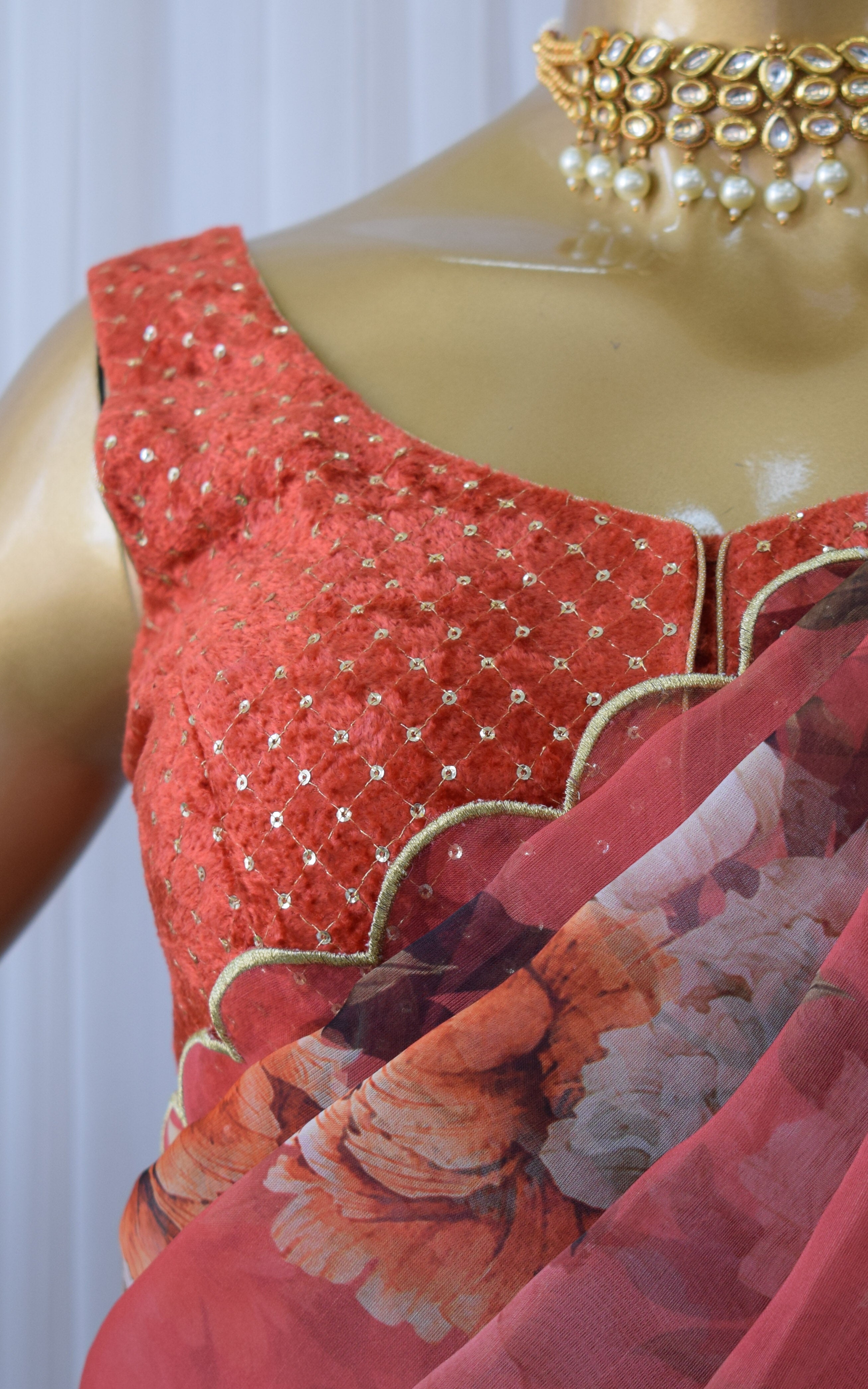 Coral Red Organza Saree With Velvet Blouse