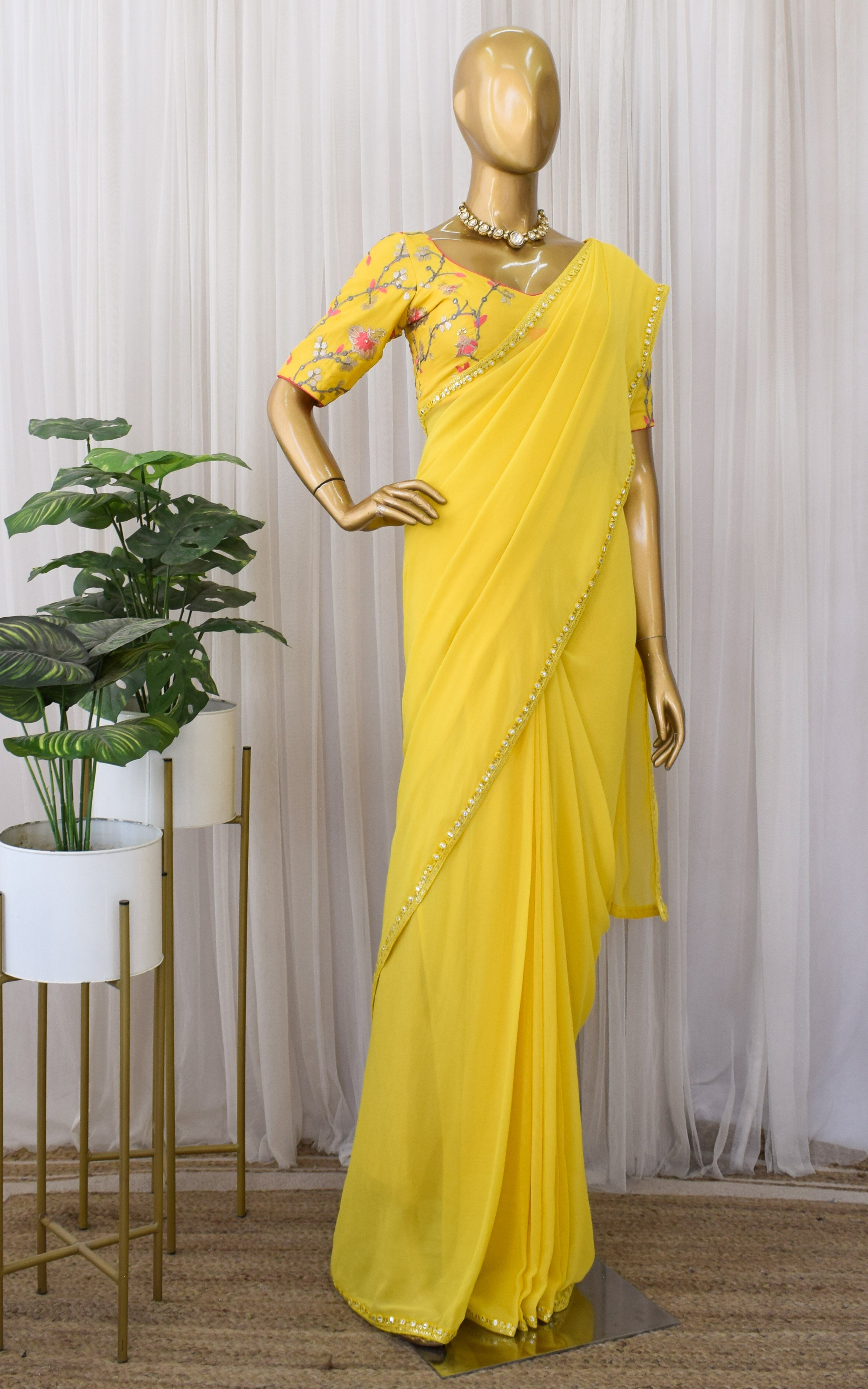 Yellow Georgette Saree with Emroidered Blouse