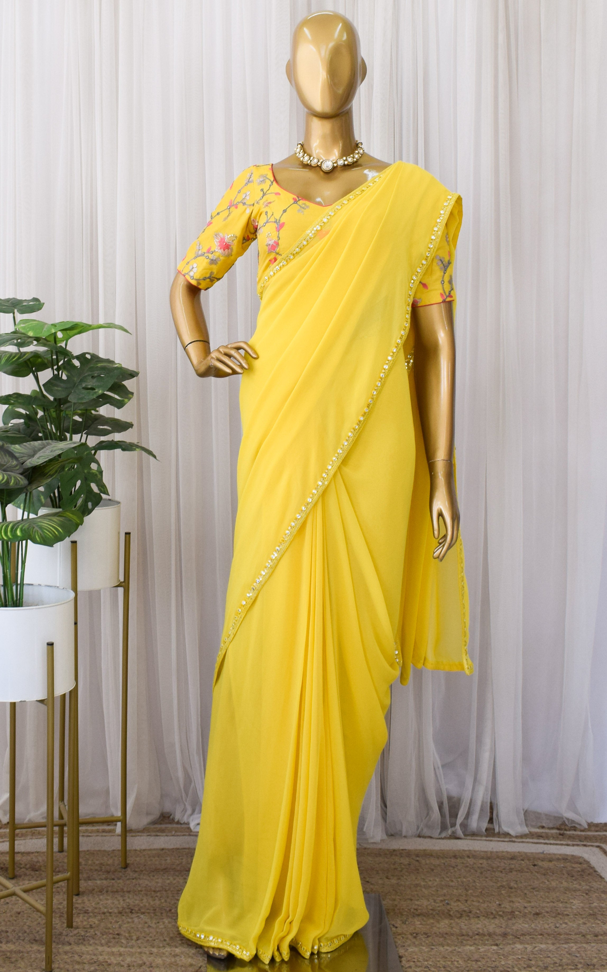 Yellow Georgette Saree with Emroidered Blouse