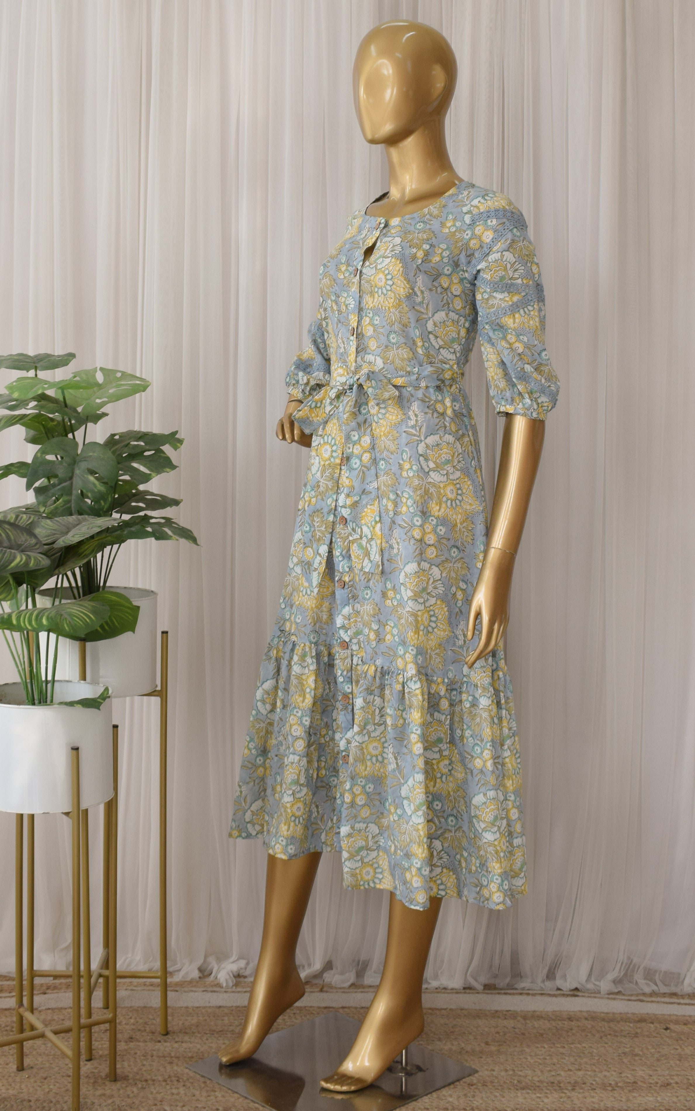 Grey Yellow Floral Print Midi Dress