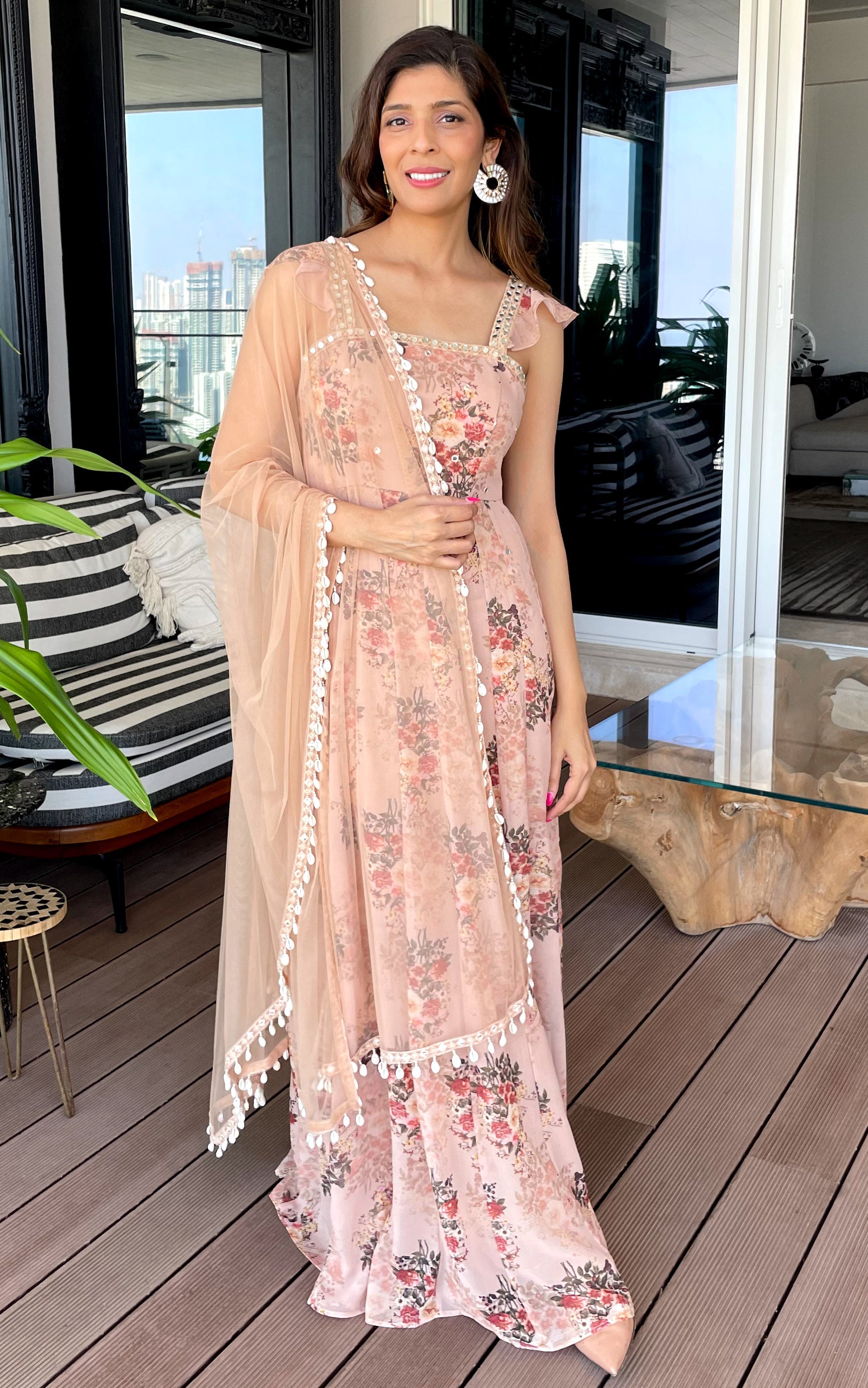 Mallika Singhania Sepia Printed Georgette Mirrorwork Anarkali