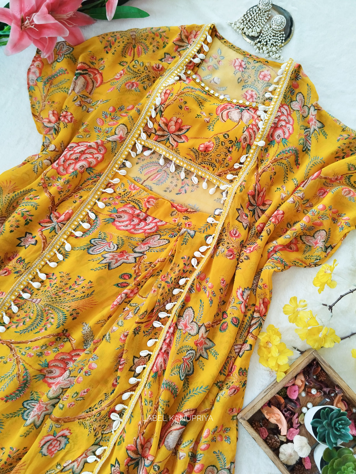 Niharika Mustard Floral Printed Georgette Crop Top & Draped Skirt Co-ord Set