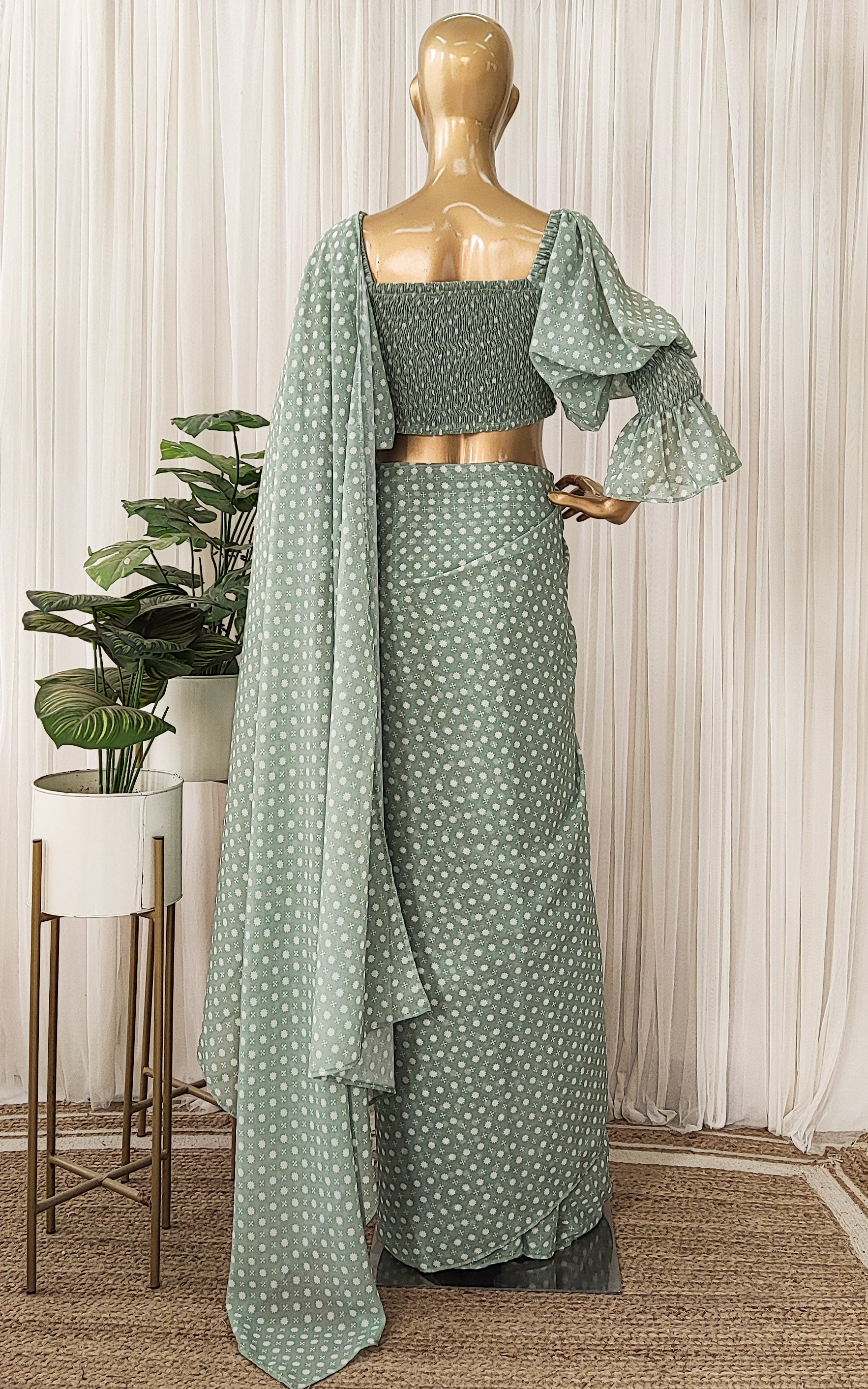 Sage Green Pre-Stitched Saree With Smocked Crop-Top