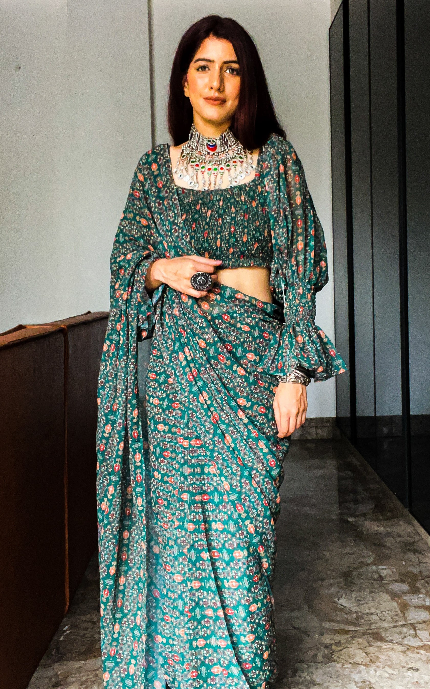 Shreya Arora Bottle Green Pre-Stitched Printed Georgette Saree With Smocked Crop Top