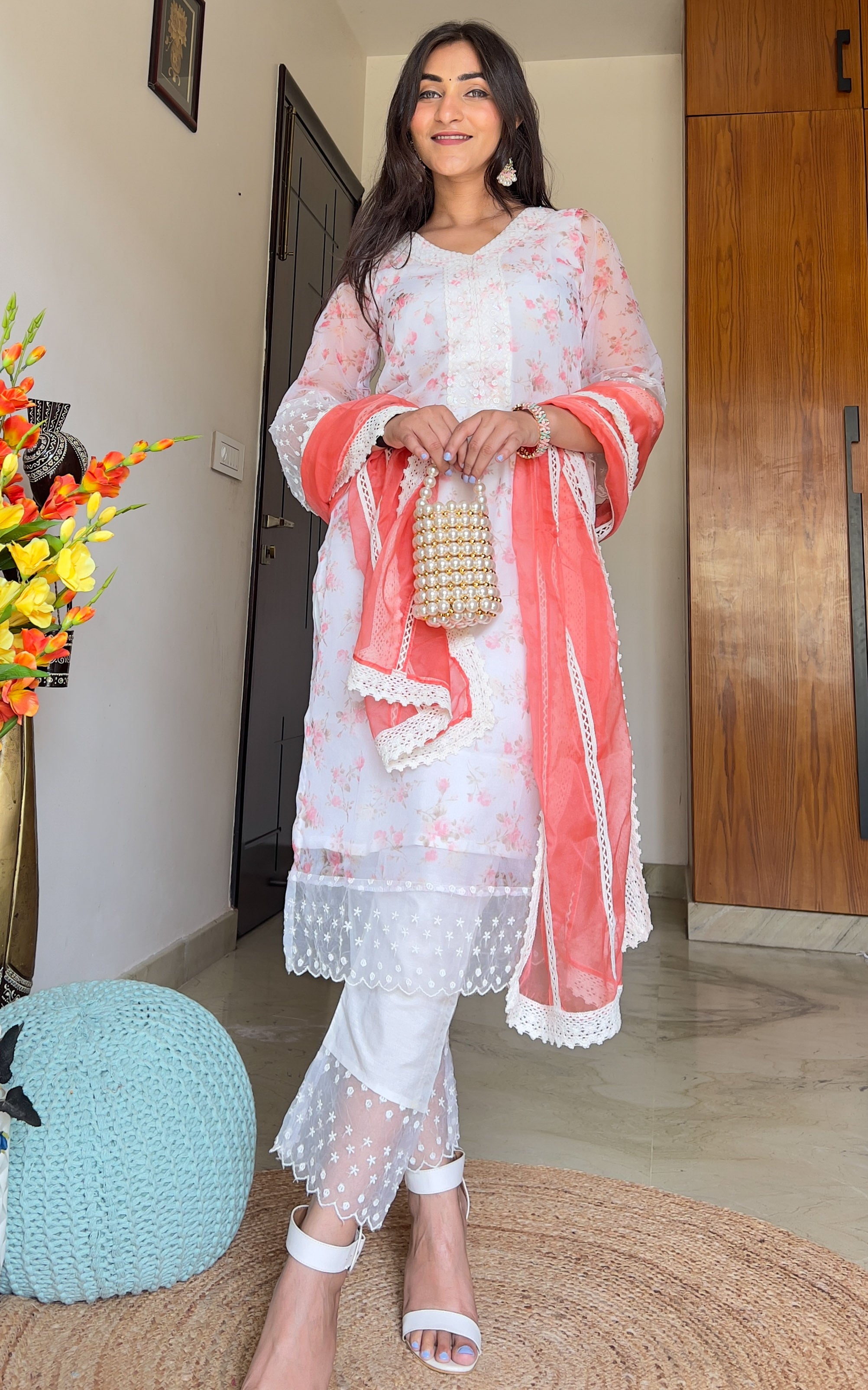 Deepa White Floral Organza Kurta Set