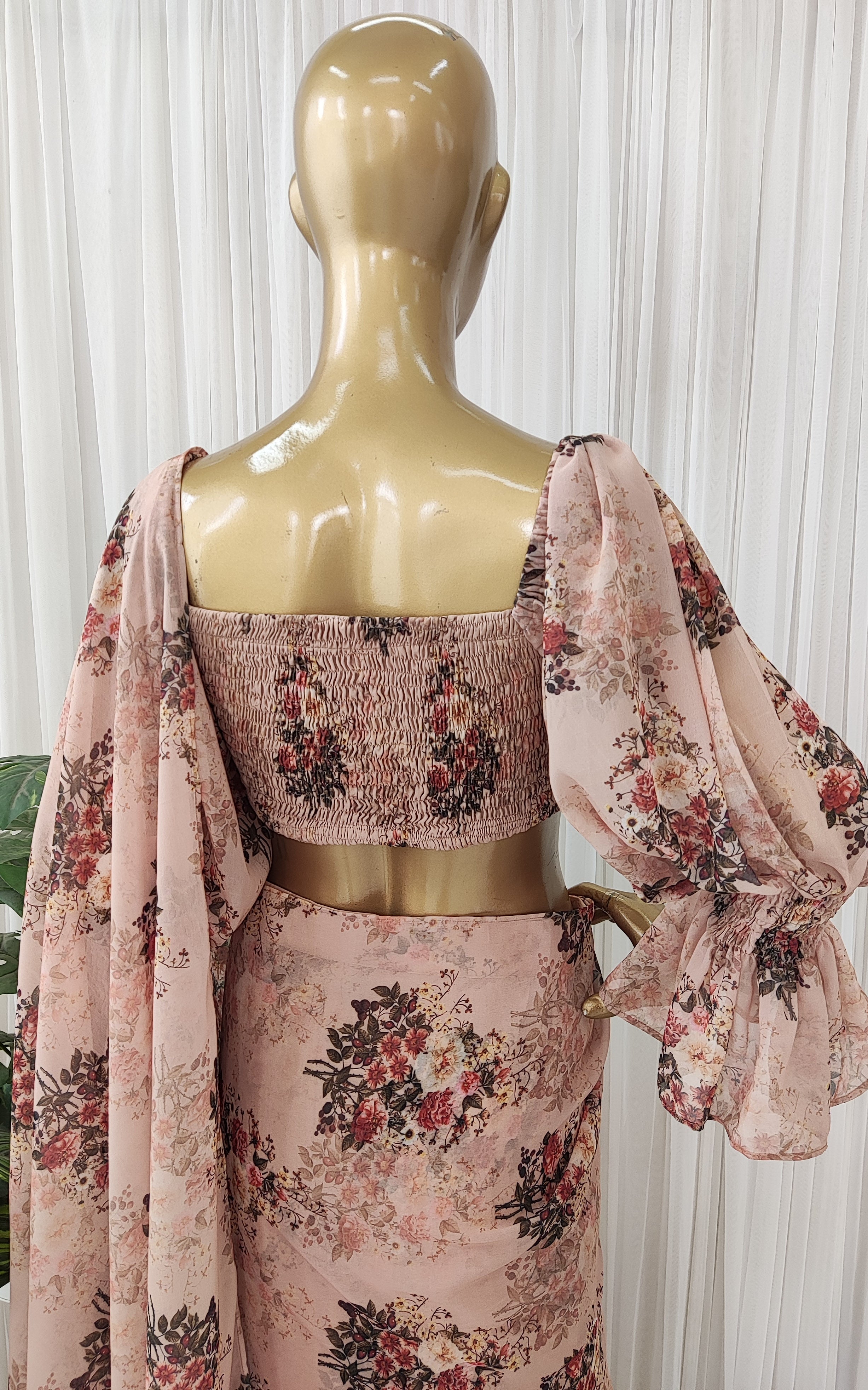 Sepia Floral Pre-Stitched Saree with Smocked Crop Top