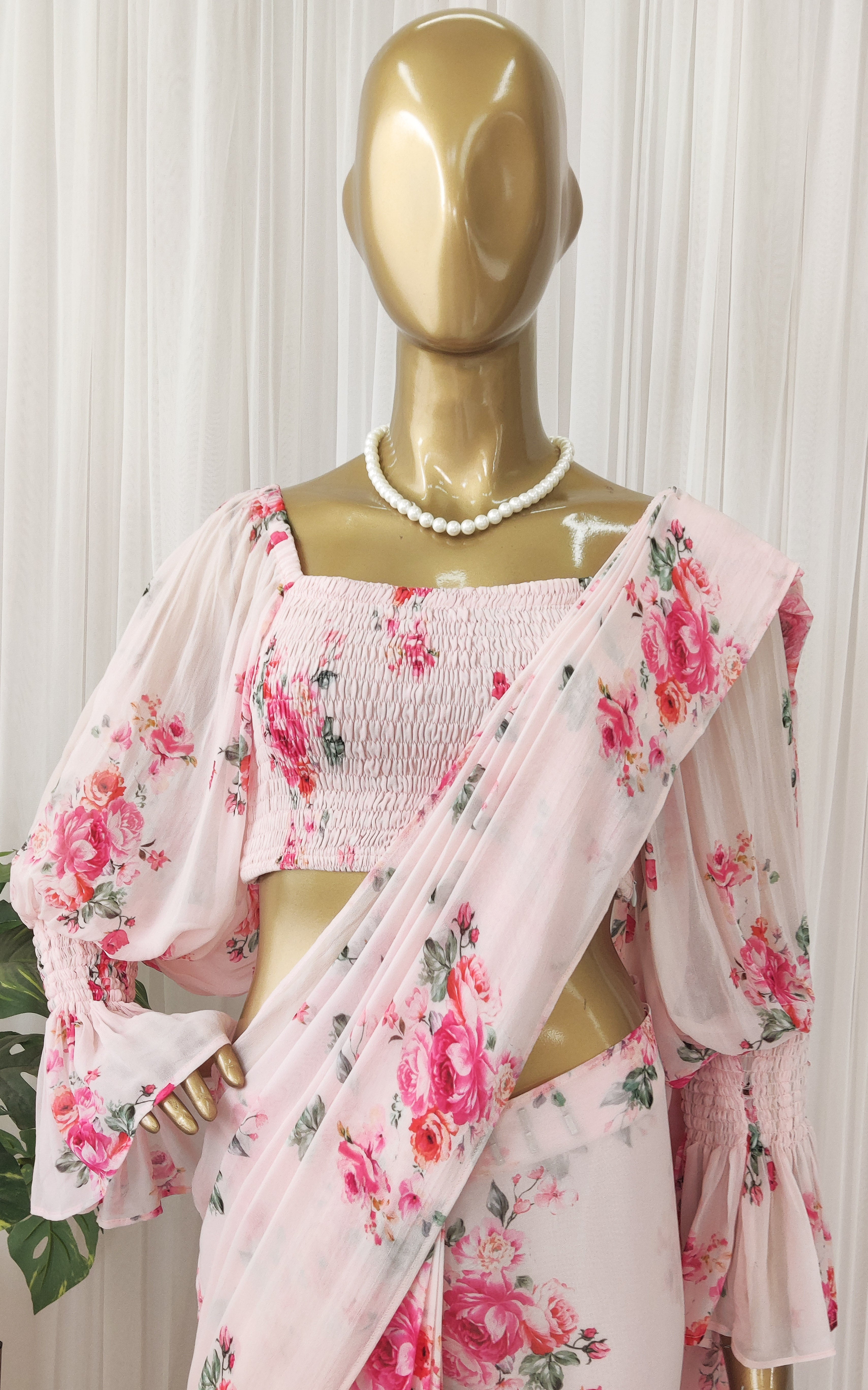Pastel Pink Floral Pre-Stitched Printed Georgette Saree With Smocked Crop Top