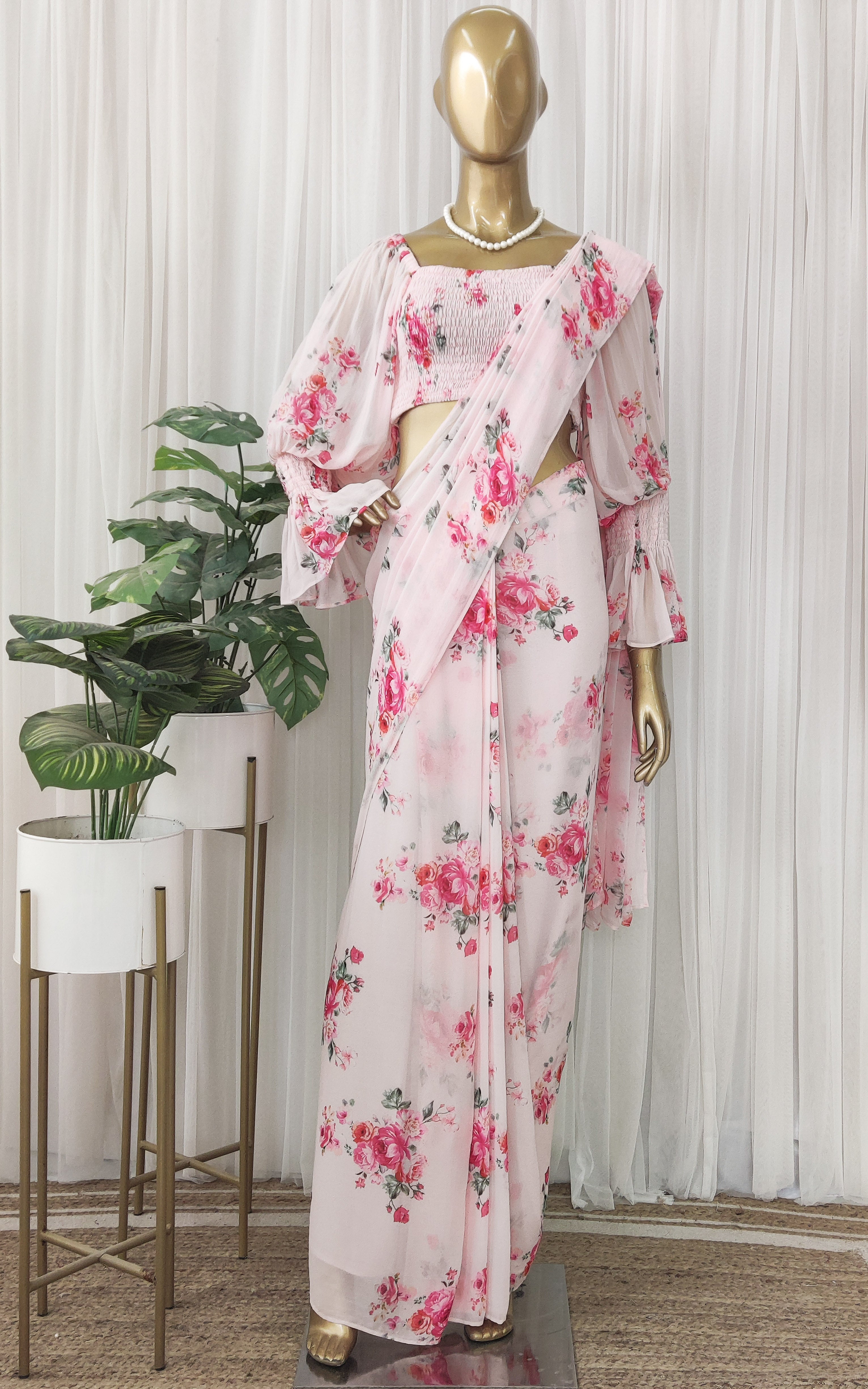 Pastel Pink Floral Pre-Stitched Printed Georgette Saree With Smocked Crop Top