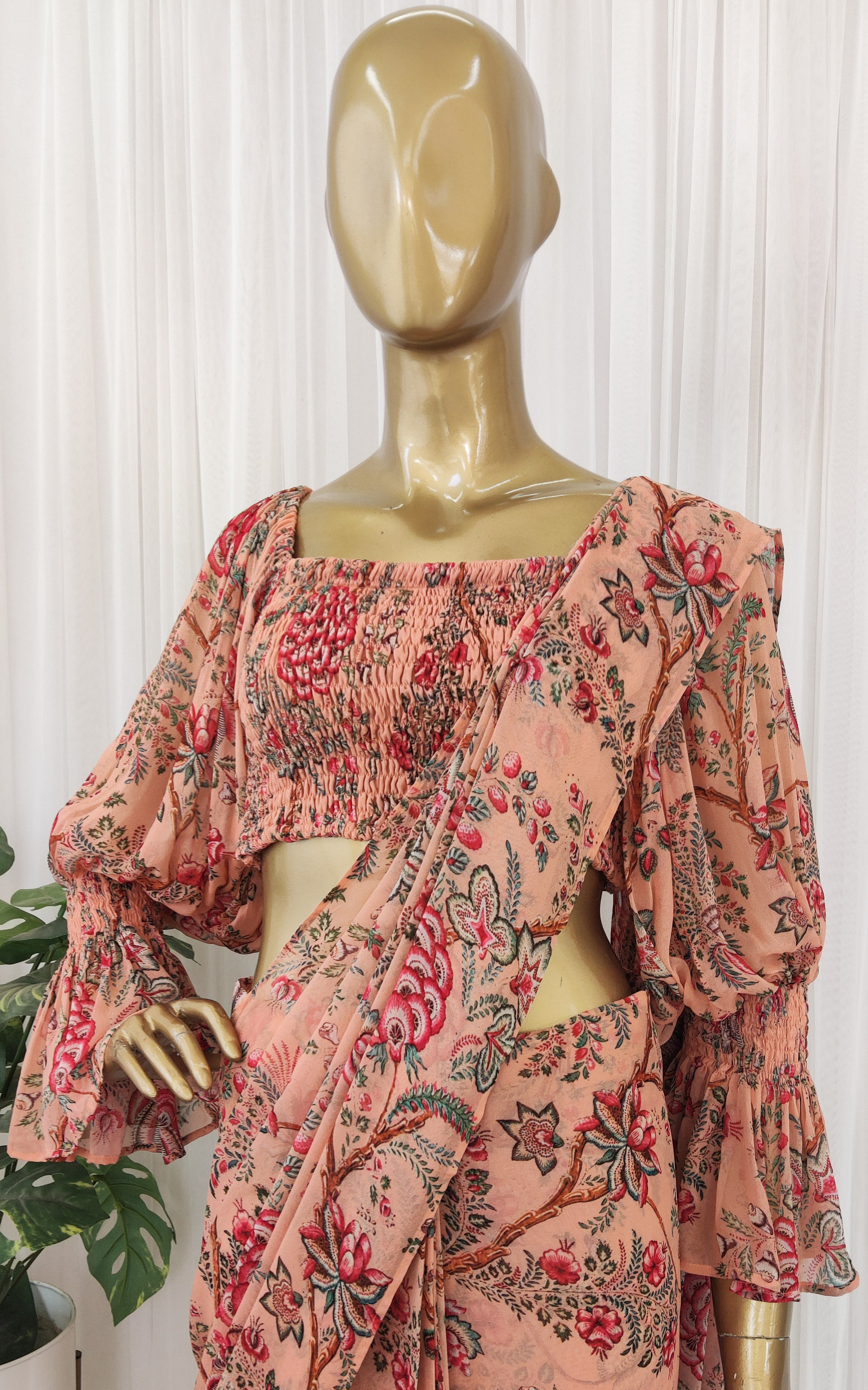 Peach Floral Pre-Stitched Saree with Smocked Crop Top
