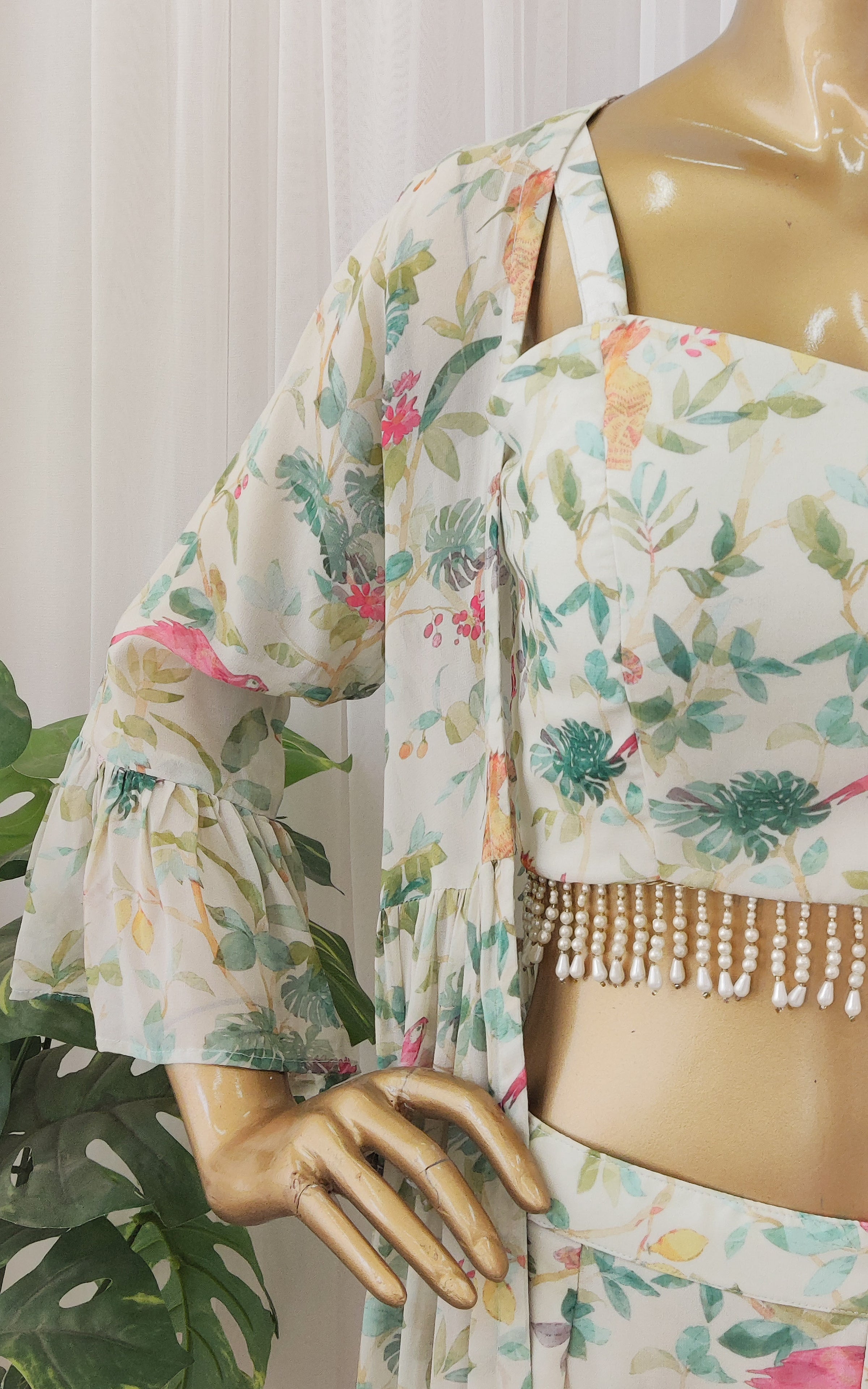 Off-White Bird Georgette Crop-Top & Sharara Set