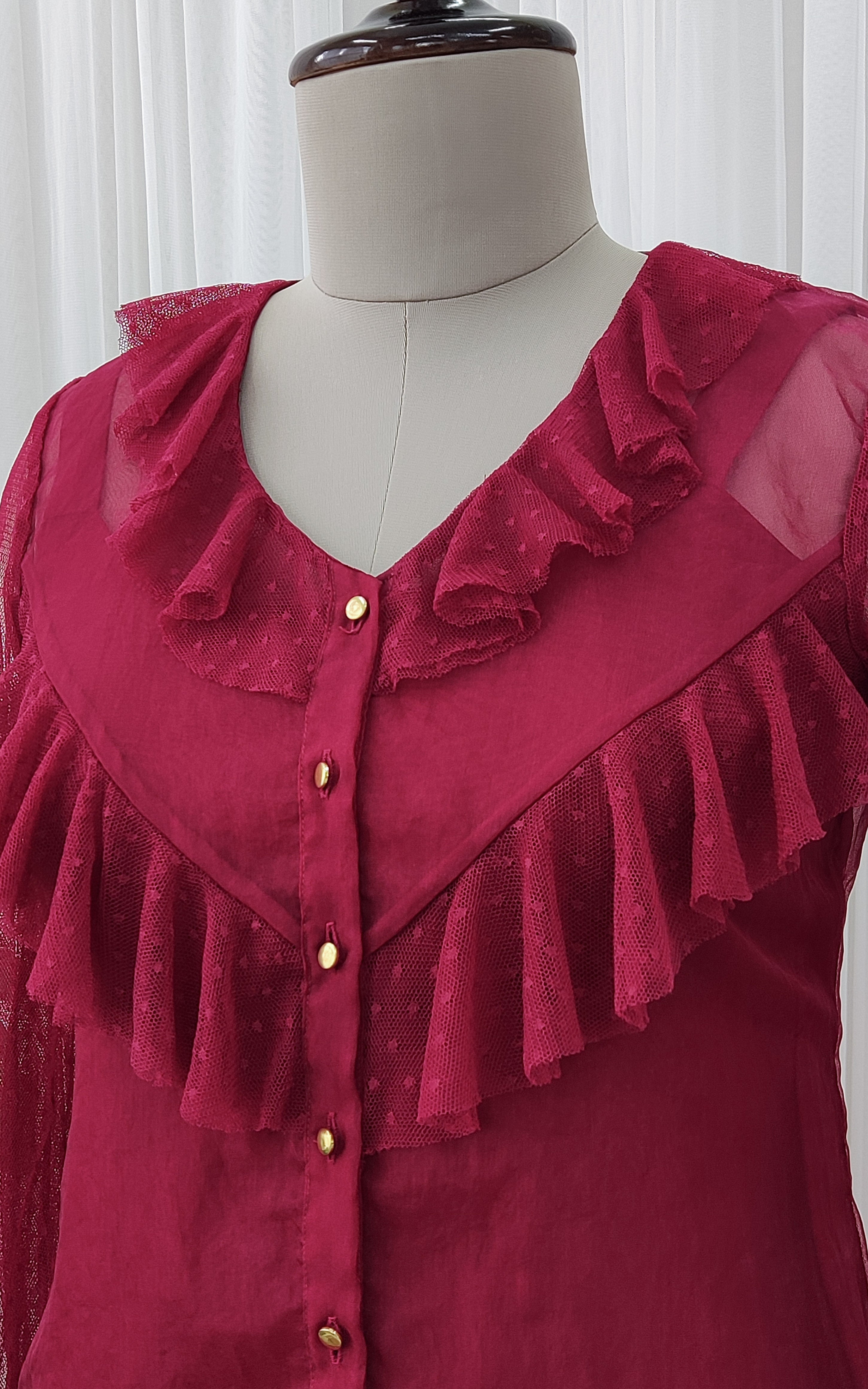 Wine Frilled Organza Top