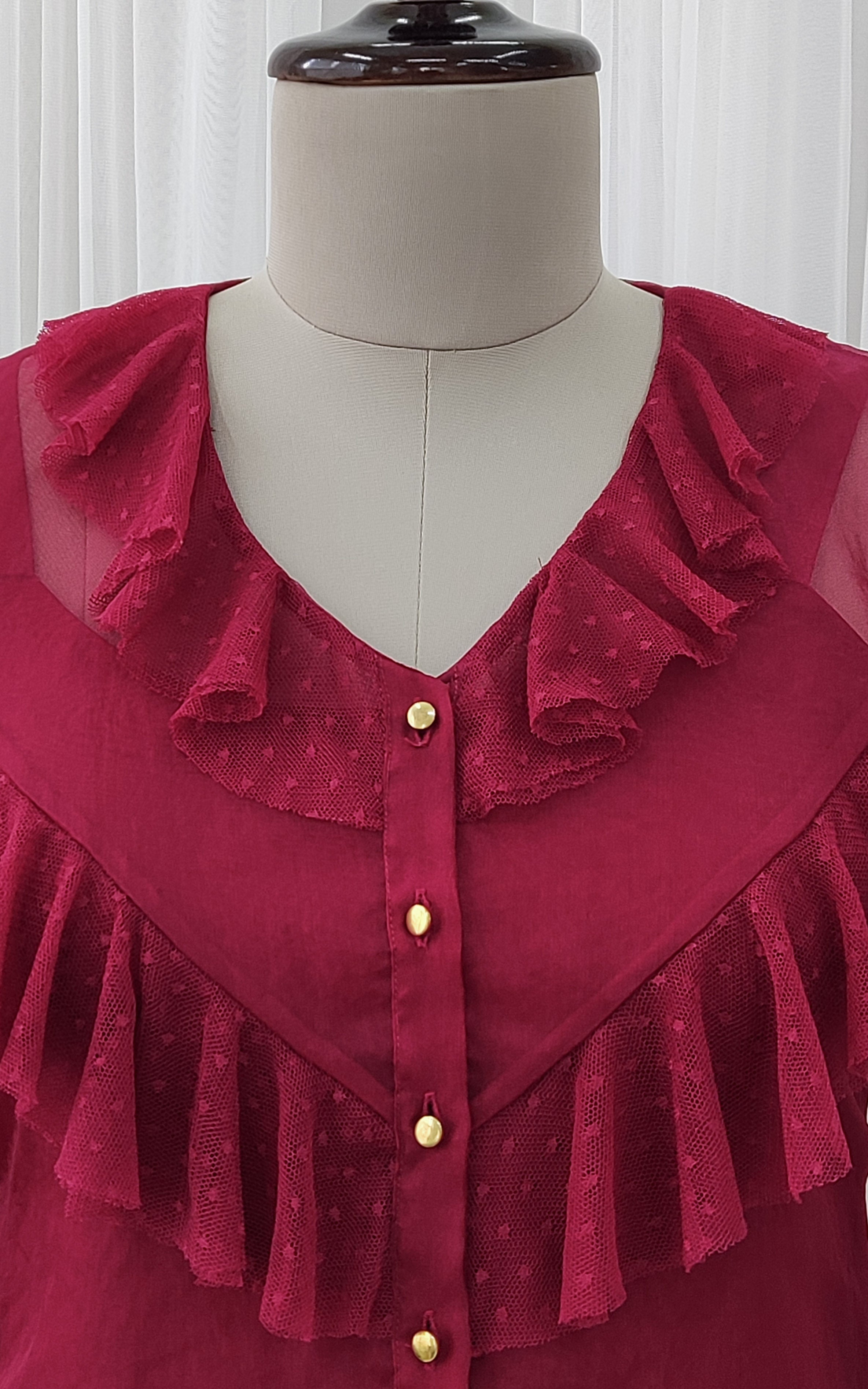 Wine Frilled Organza Top