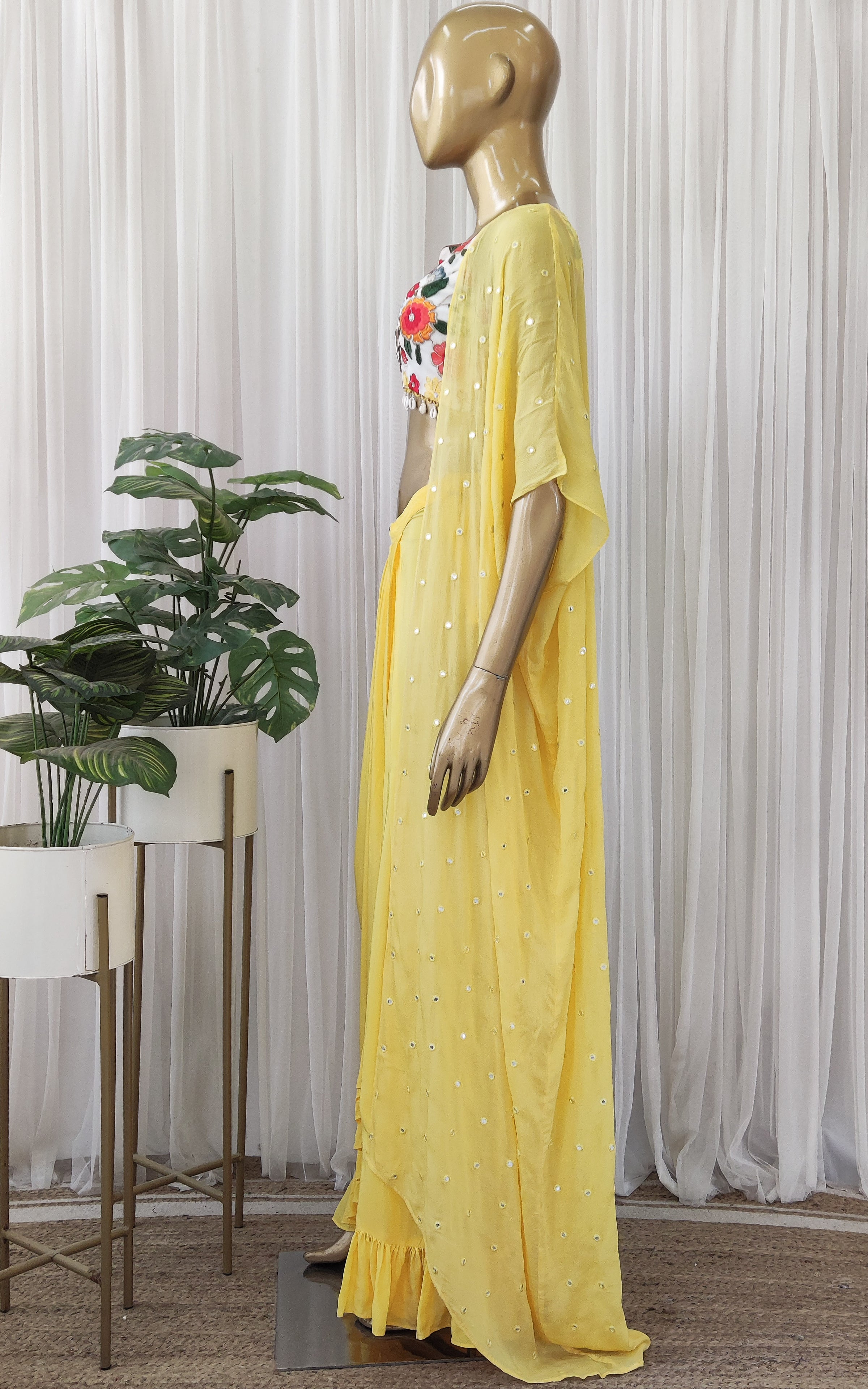 White Crop Top Draped Skirt Set with Cape main image 1