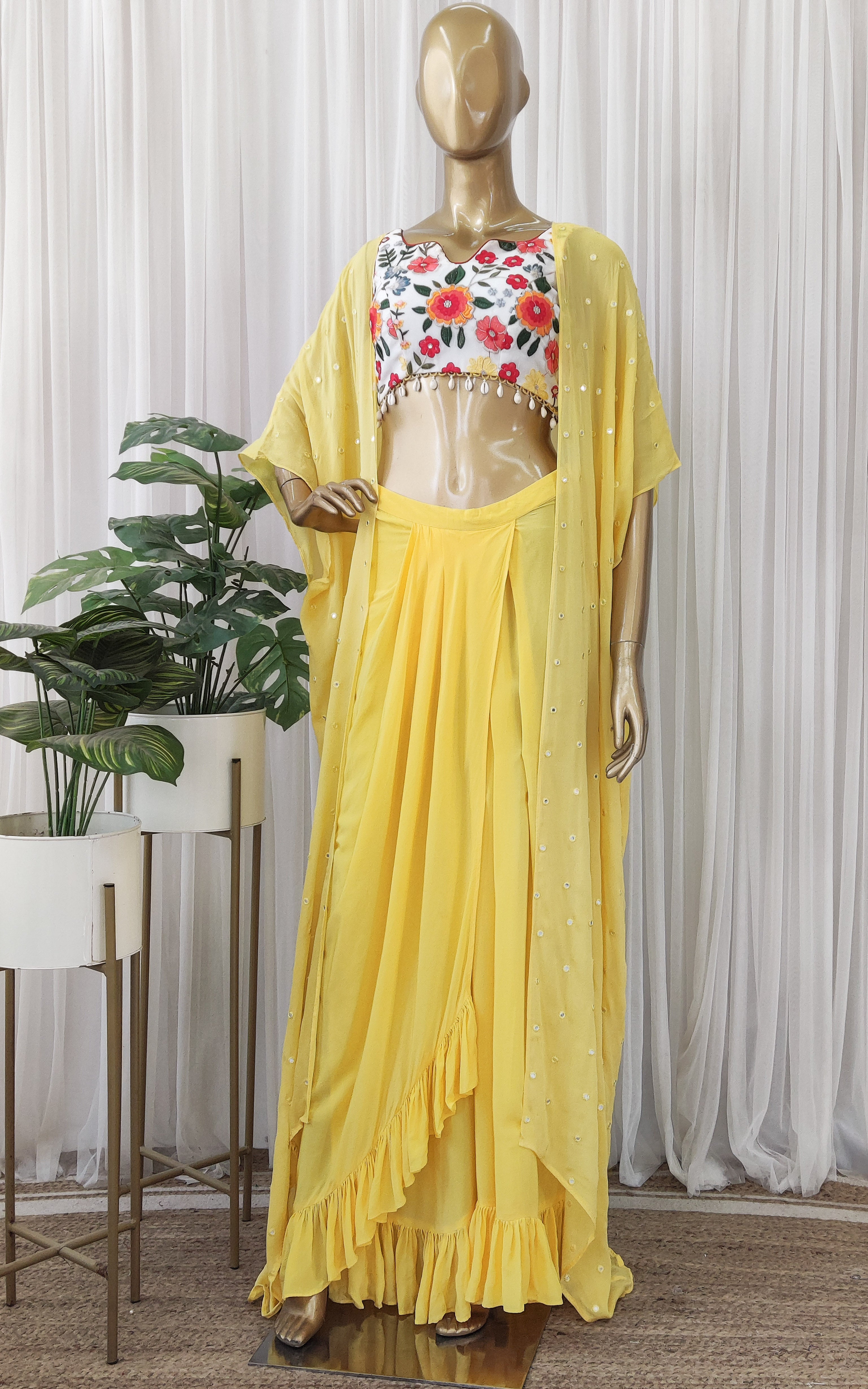 Sapna Yellow Embroidered Crop-Top & Draped Skirt Co-ord Set