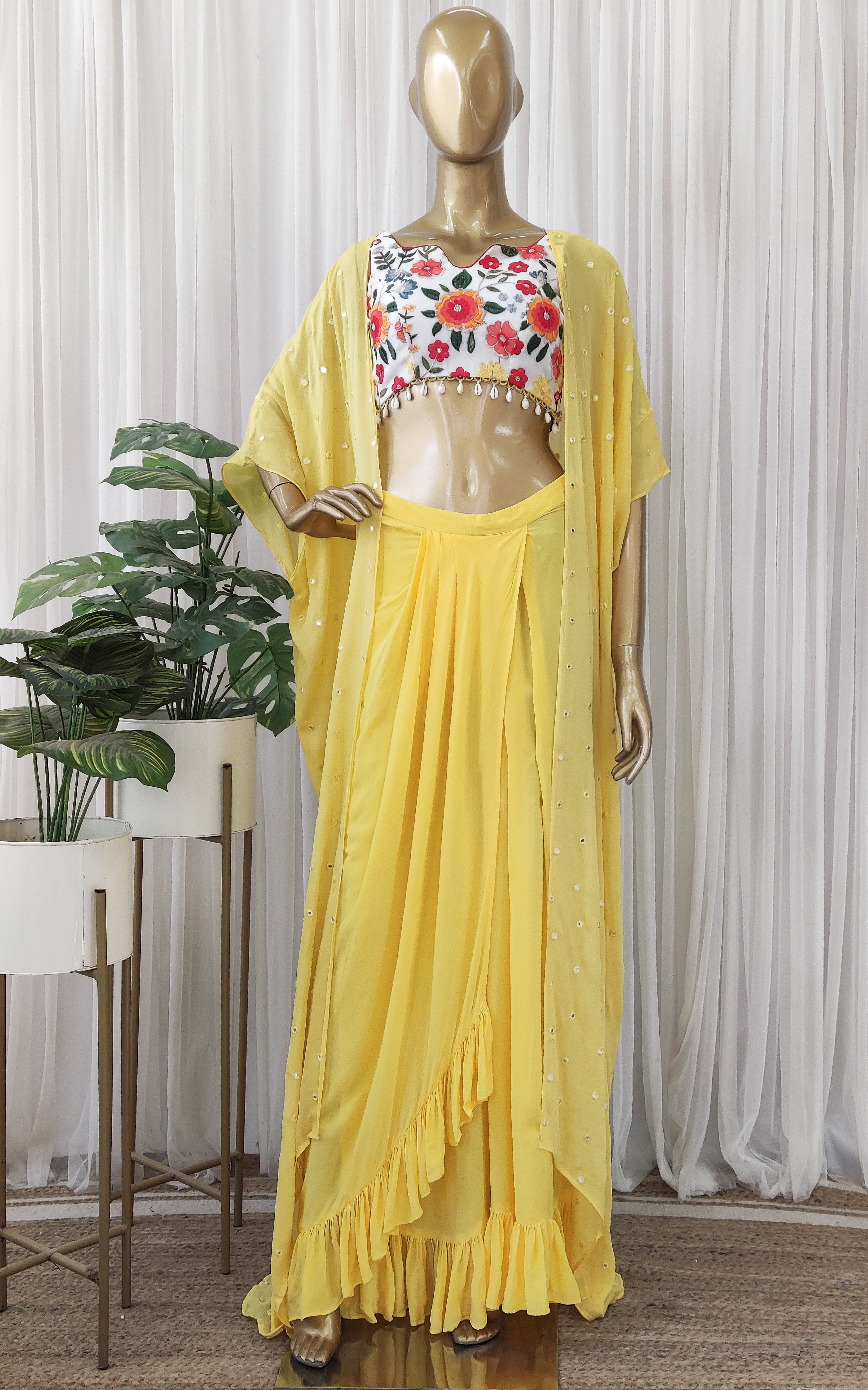 Yellow Embroidered Crop-Top & Draped Skirt Co-ord Set