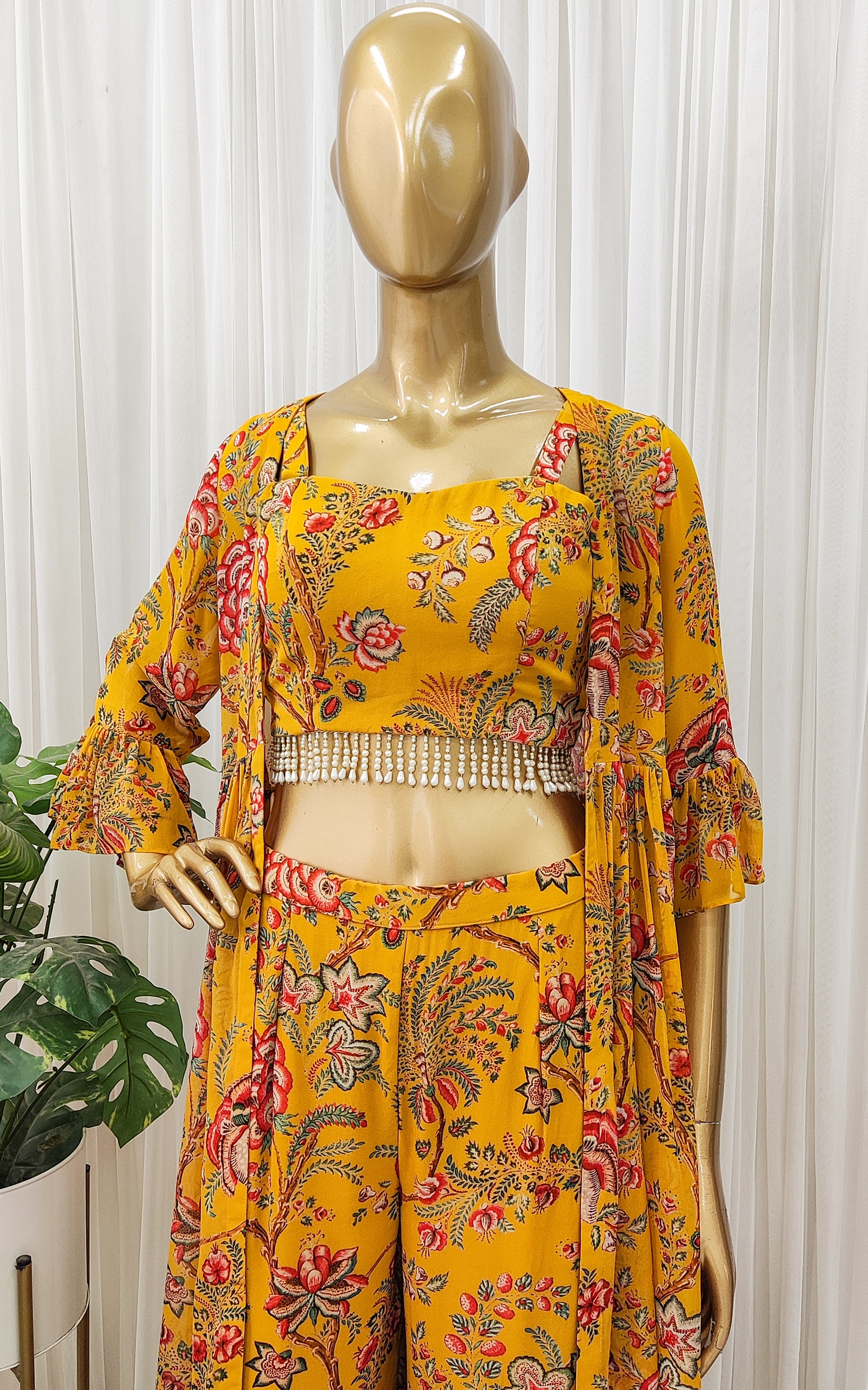 Mustard Floral Printed Georgette Crop-Top & Sharara Set
