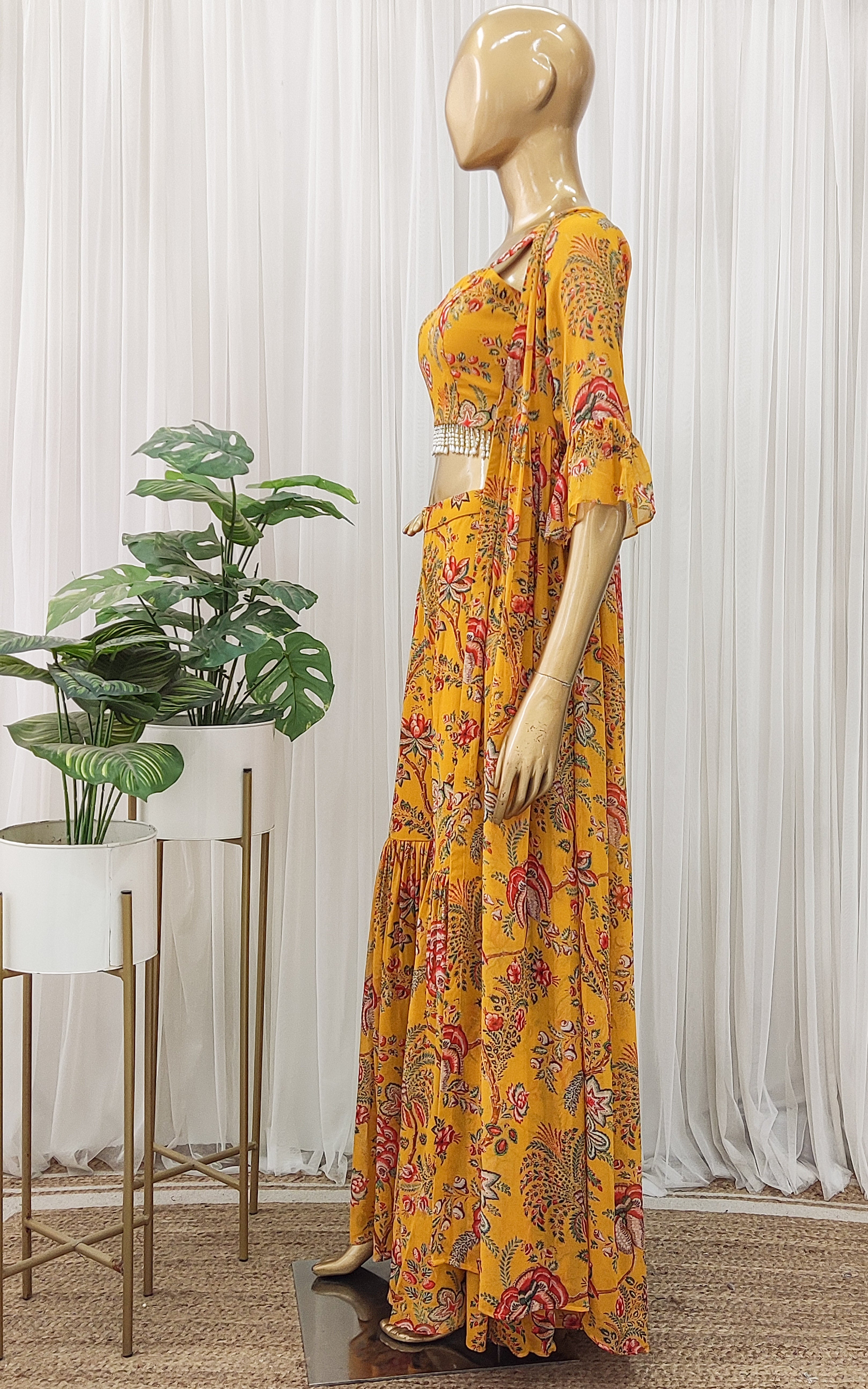 Mustard Floral Printed Georgette Crop-Top & Sharara Set