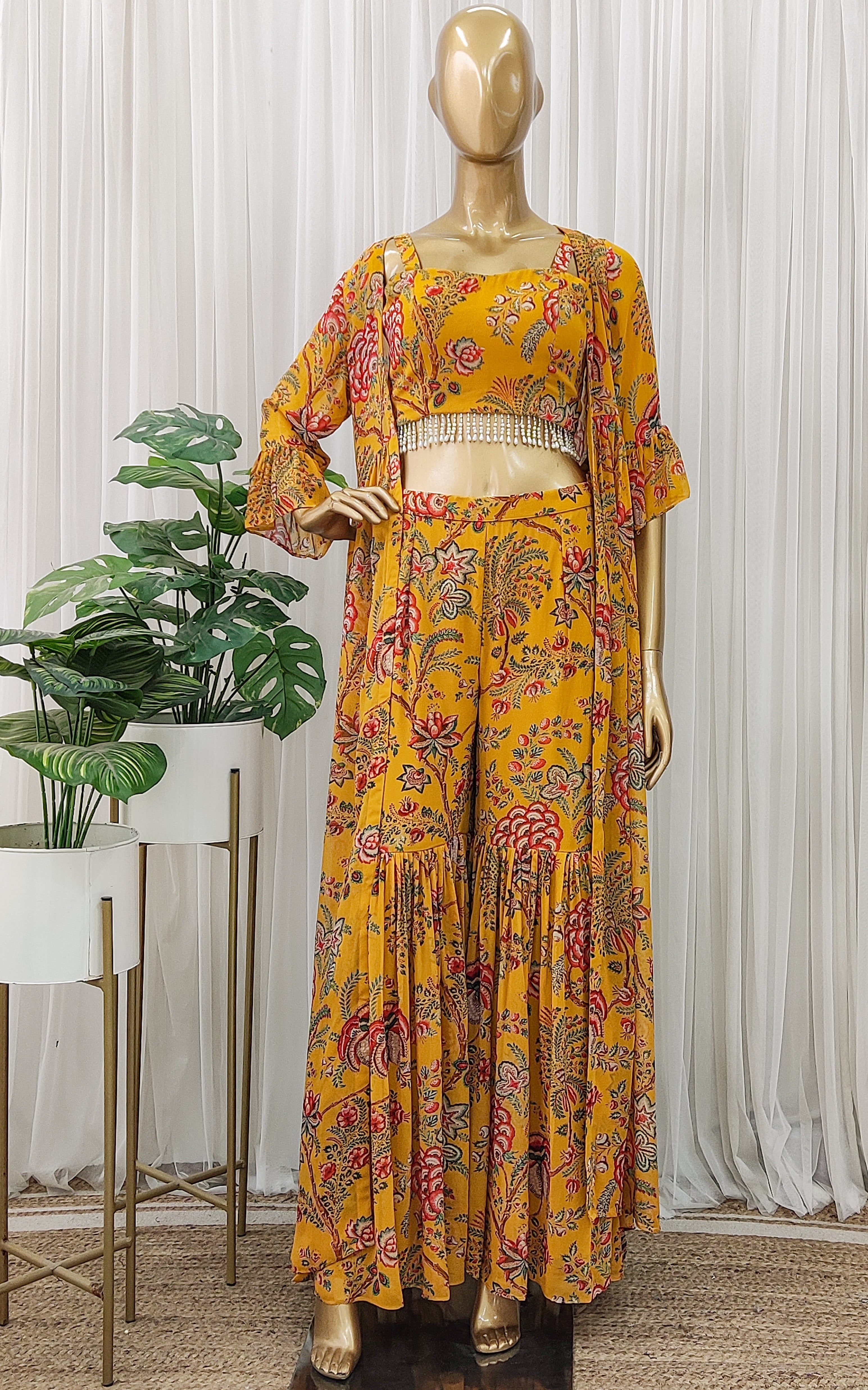 Mustard Floral Printed Georgette Crop-Top & Sharara Set