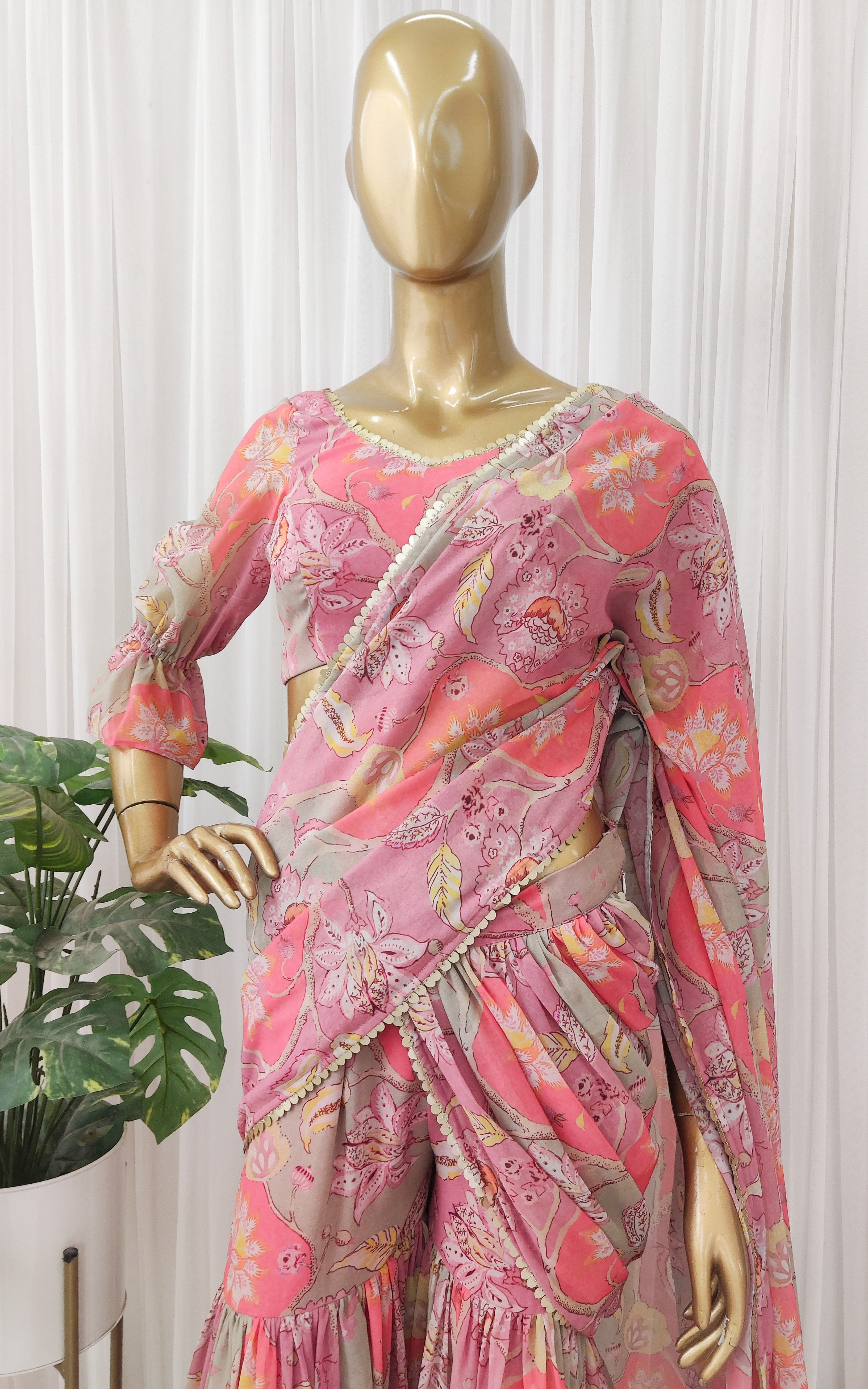 Vintage Floral Printed Georgette Sharara Saree Set
