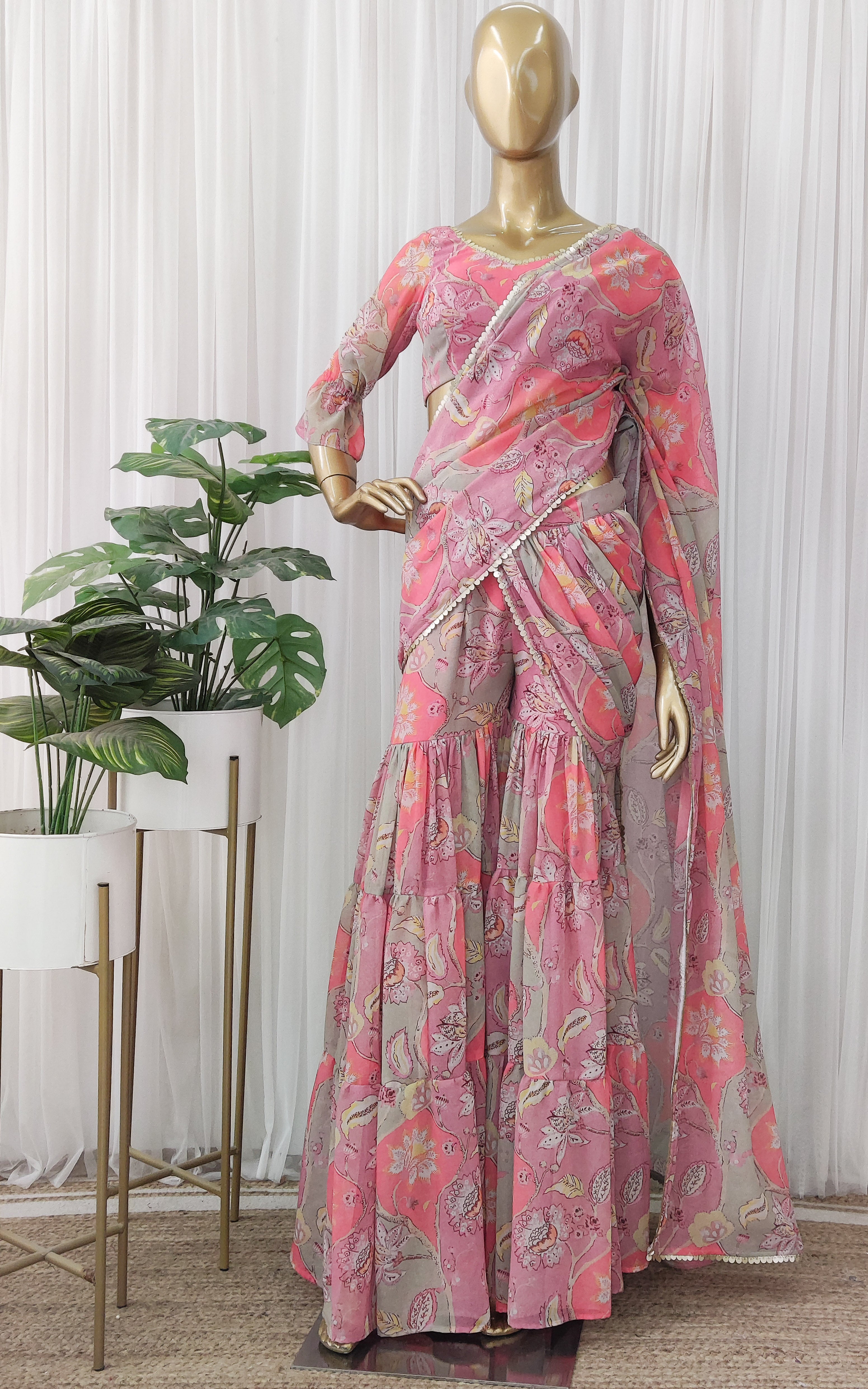 Vintage Floral Printed Georgette Sharara Saree Set