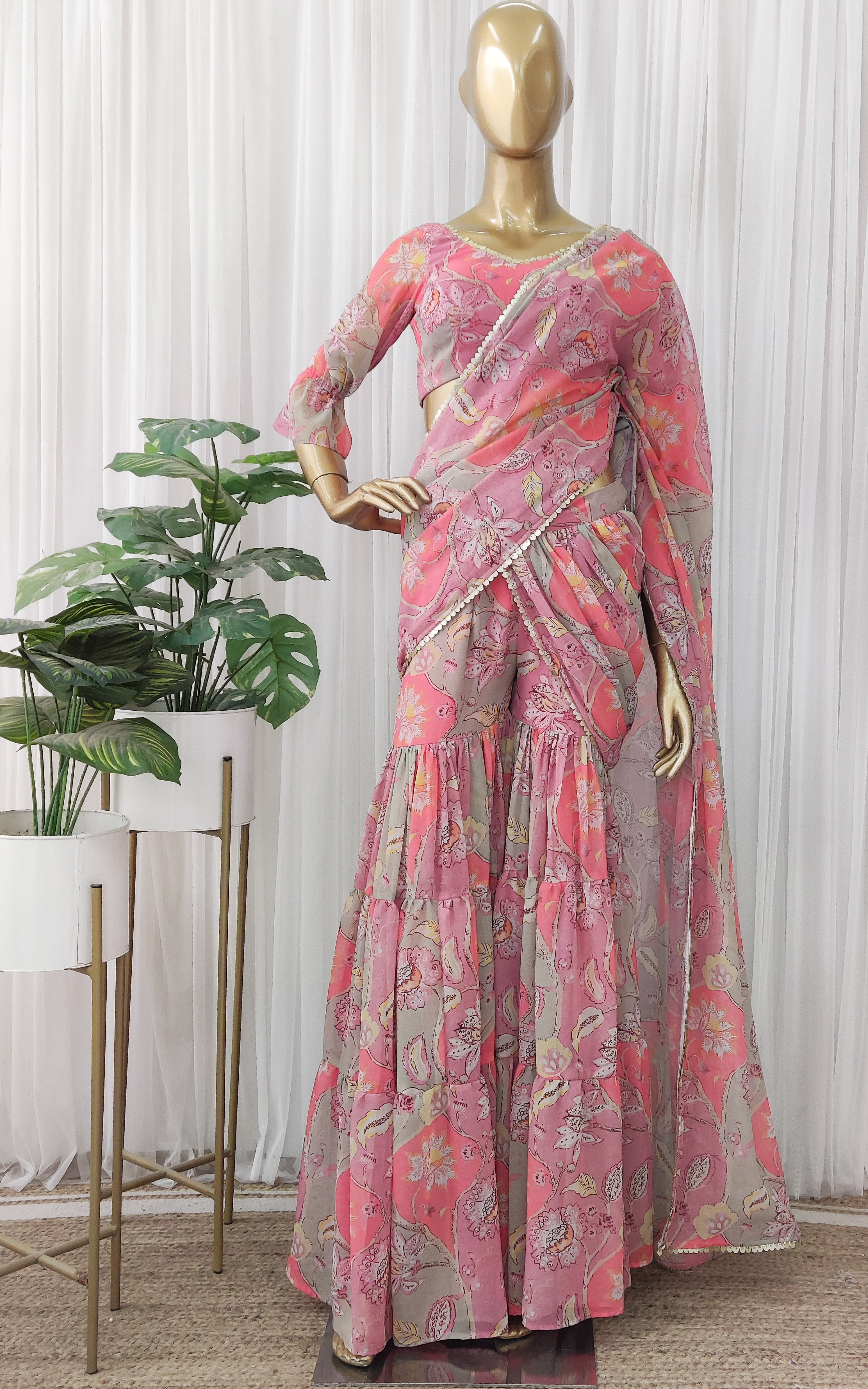 Vintage Floral Printed Georgette Sharara Saree Set