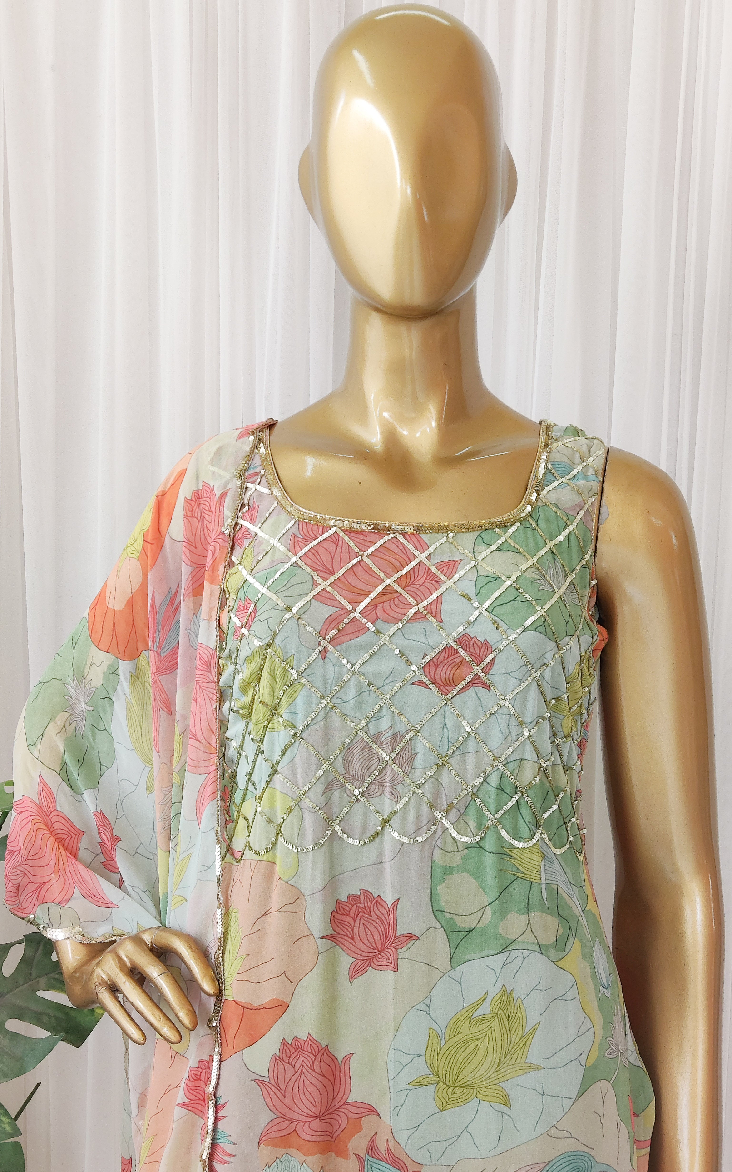 Multicolor Lotus Print Sequinwork Sharara Set