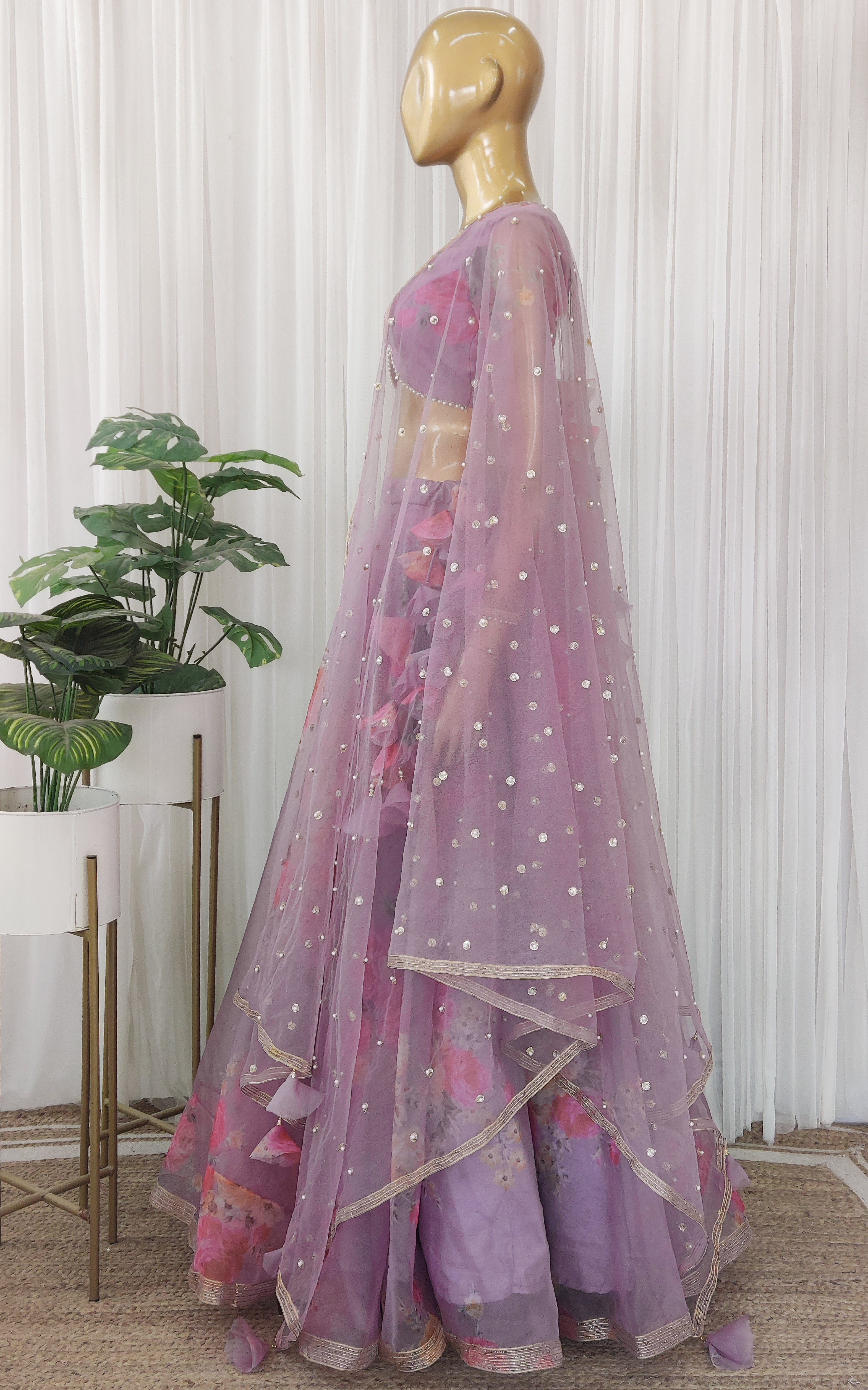 Lilac Floral Organza Lehenga